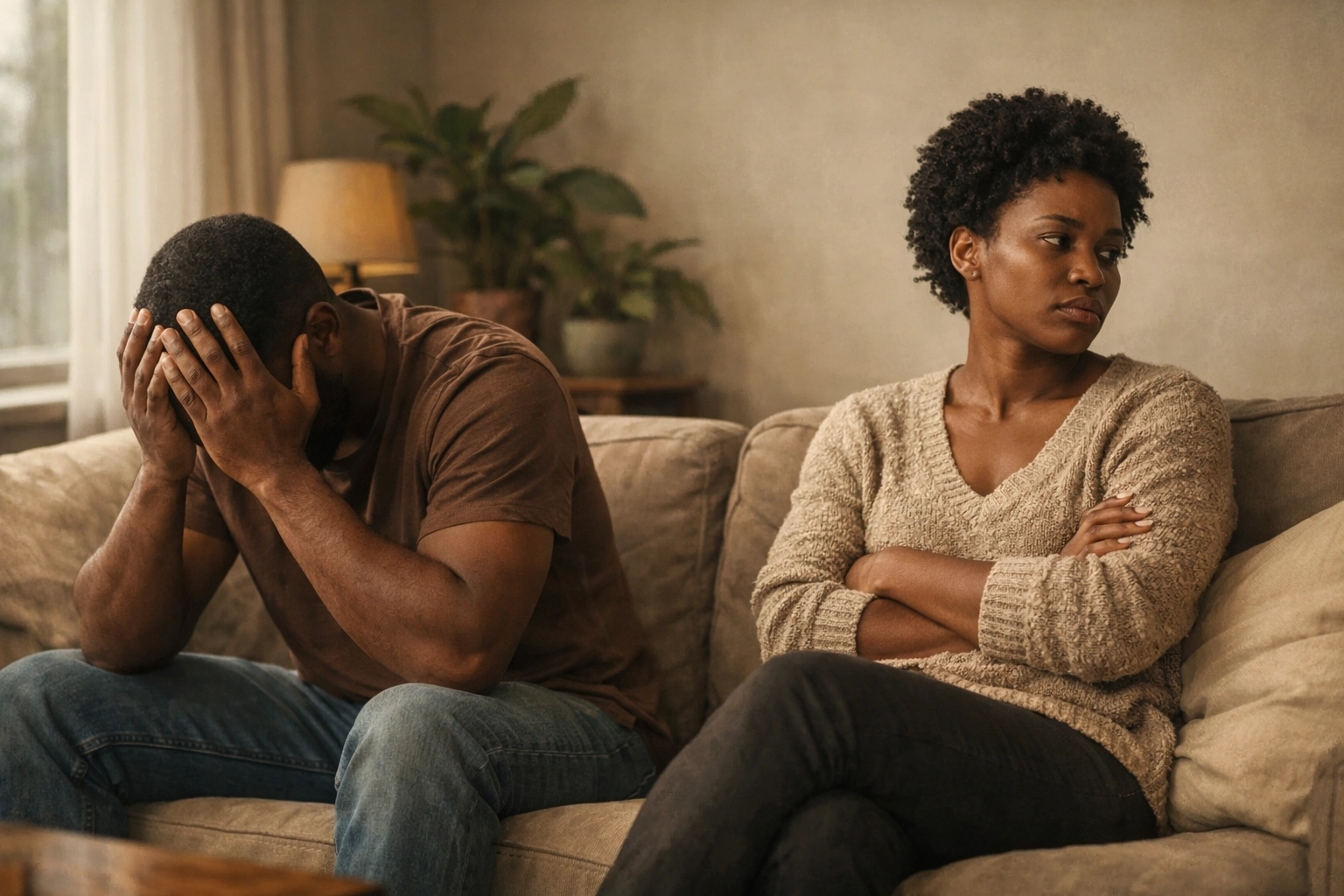 Black couple sitting apart on couch showing emotional distance from code-switching in relationships