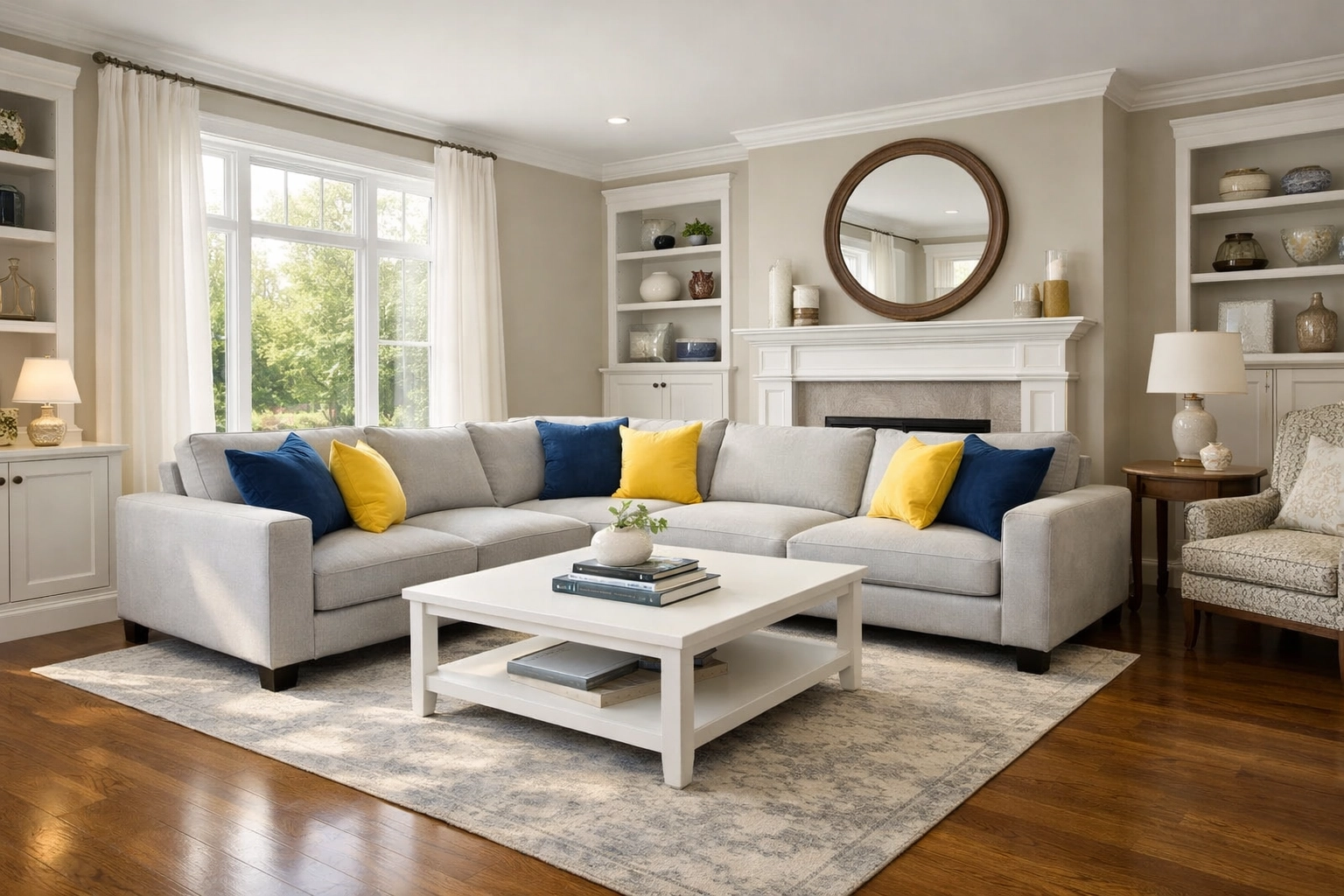 Clean sunlit living room in Shrewsbury with vacuumed floors after professional house cleaning service.