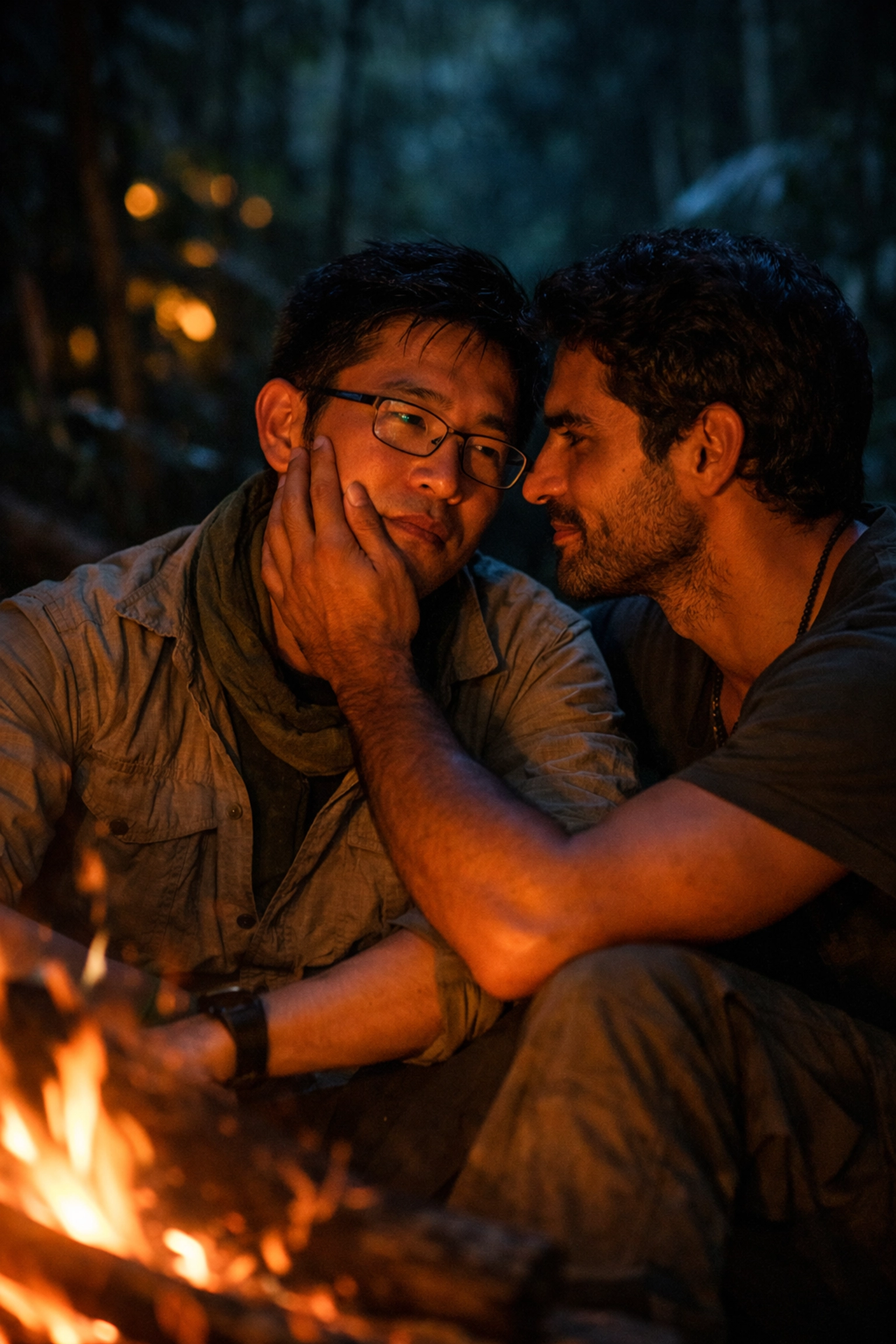 Intimate campfire moment between two men in gay romance Amazon adventure