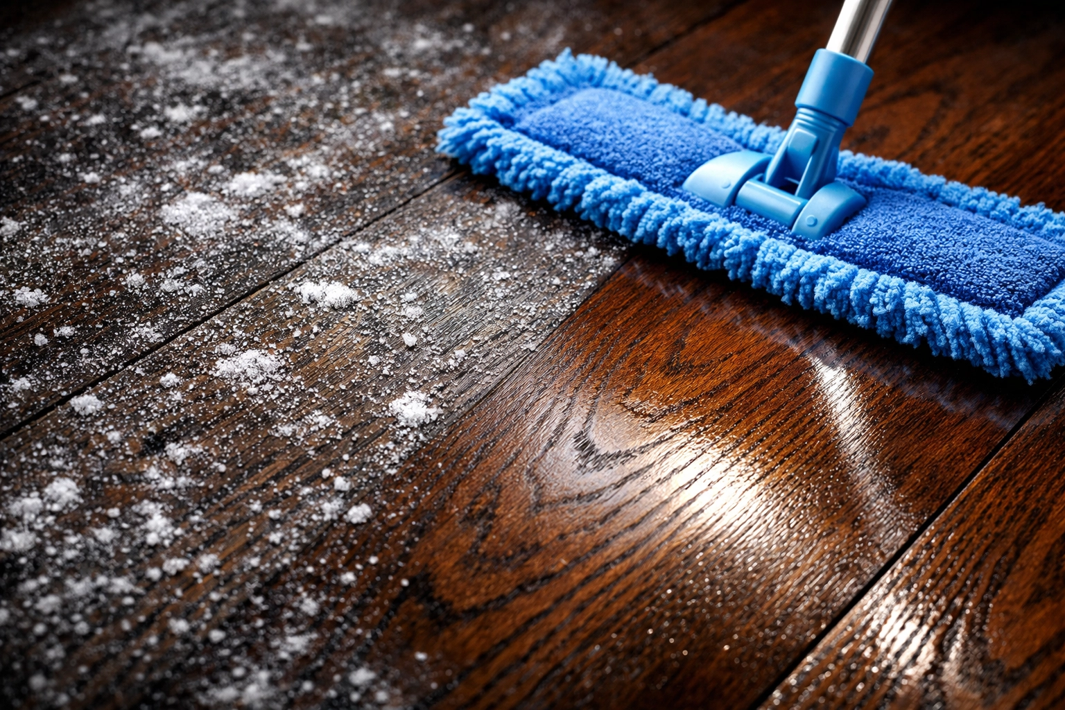 Removing winter salt residue from dark hardwood floors during a professional deep cleaning MA session.