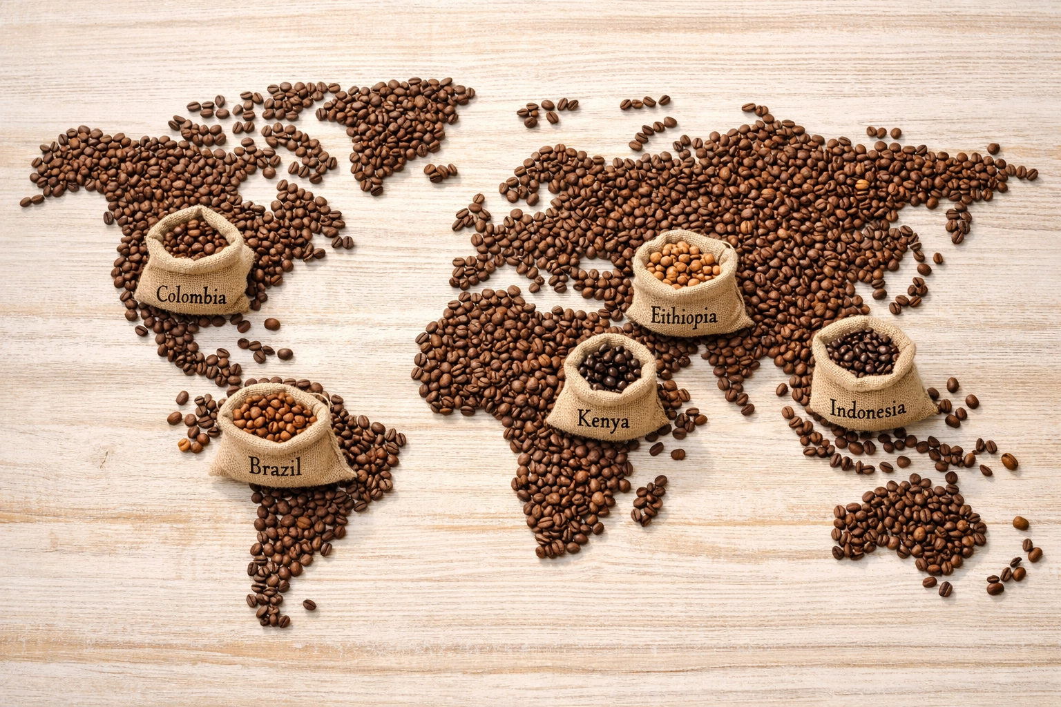 Coffee growing regions mapped globally showing Ethiopia, Kenya, Brazil, Colombia, and Indonesia