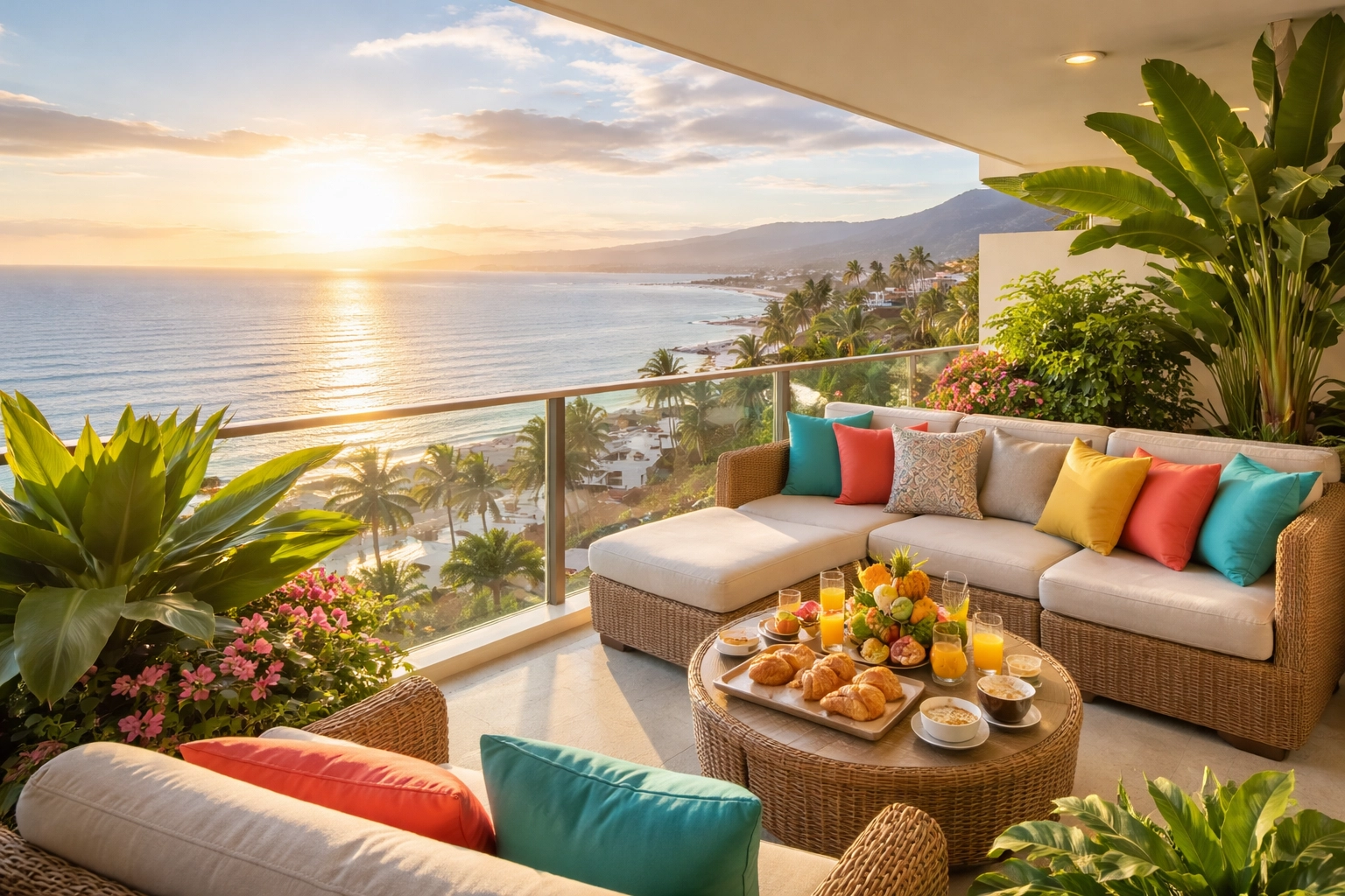 Stylish condo balcony in Puerto Vallarta overlooking ocean at sunrise, perfect for a safe and relaxing vacation rental