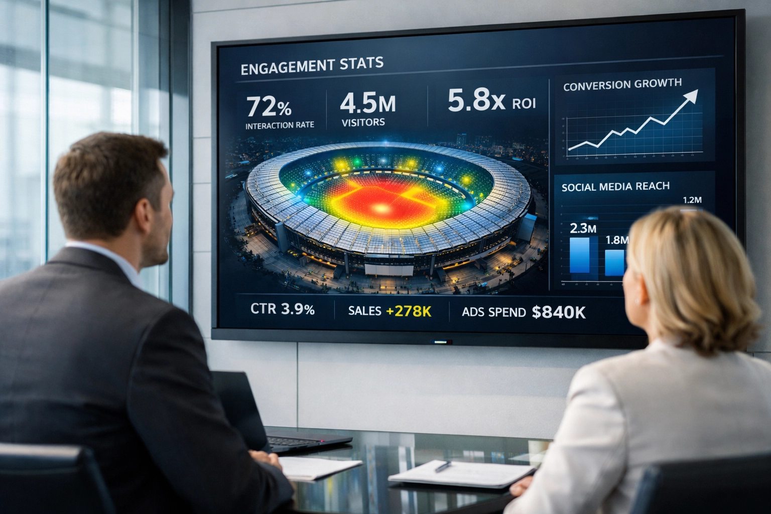Marketing team analyzing stadium campaign performance and fan engagement data on a large display.