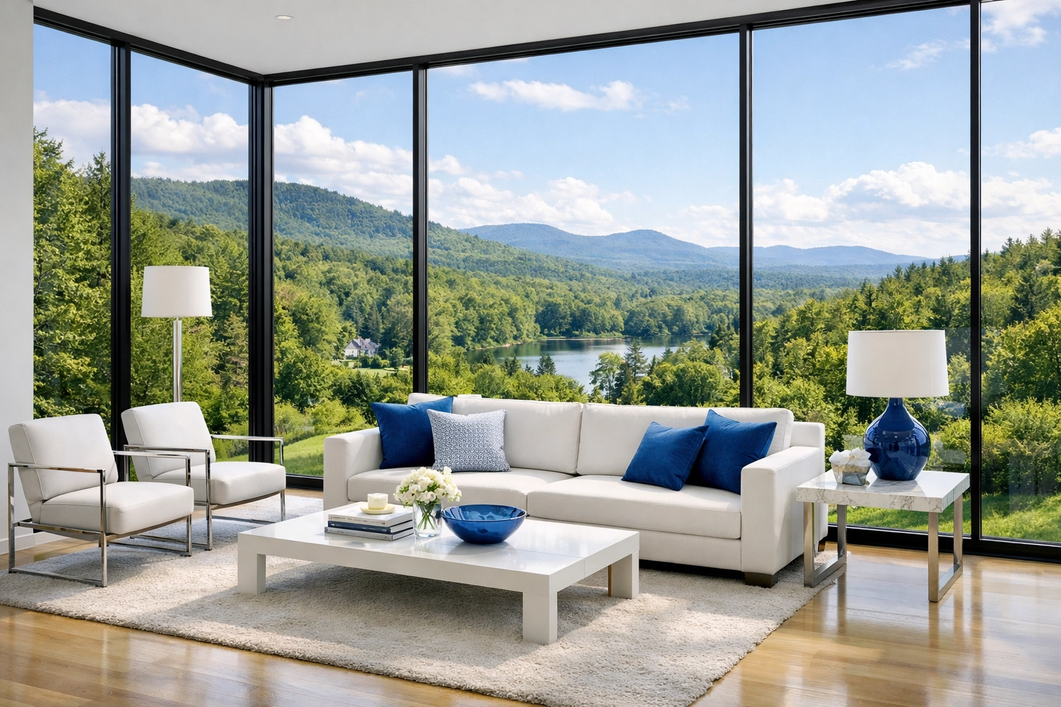 Spotless modern living room with a view after a weekly house cleaning Boylston MA service.