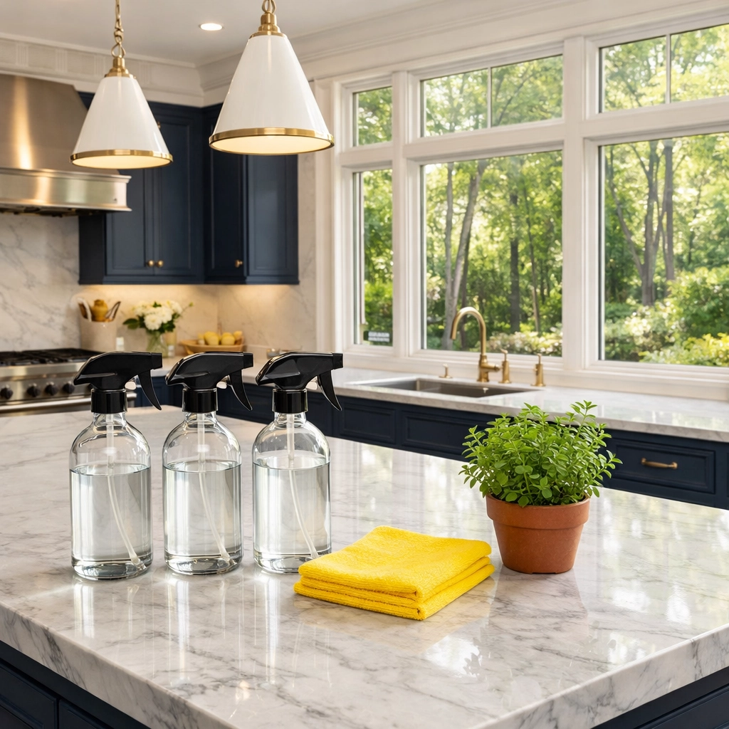 Eco-friendly residential cleaning Massachusetts in a luxury Dover kitchen with marble countertops and green products.