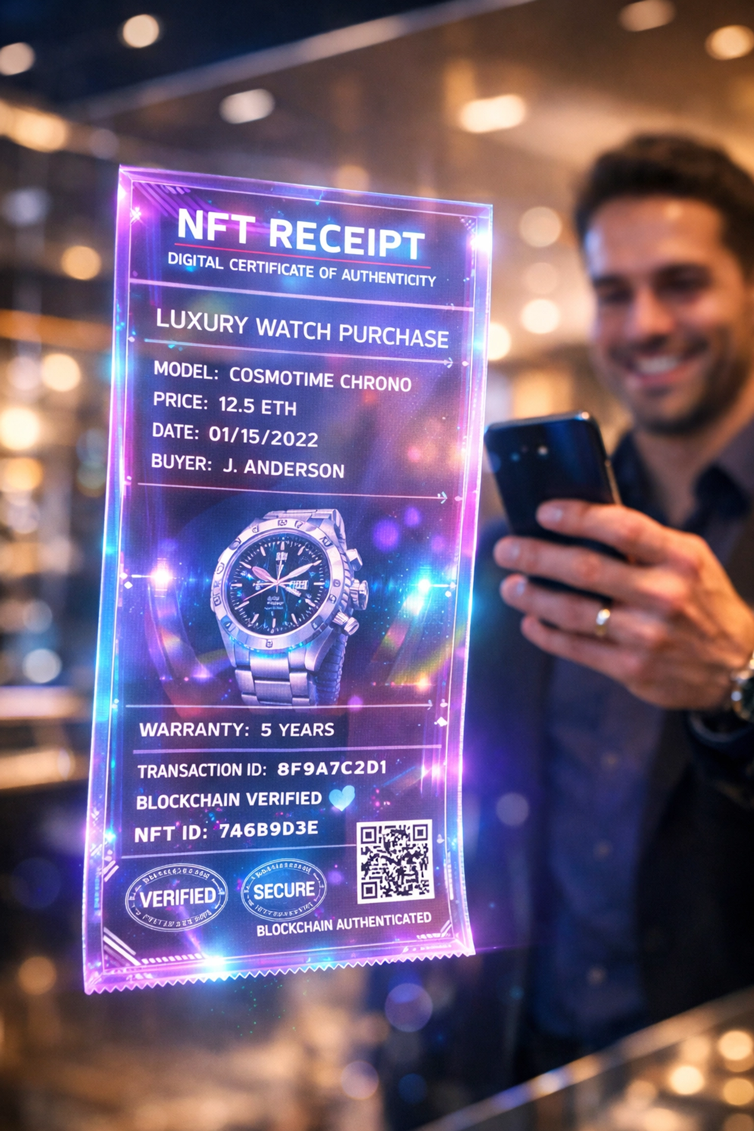 Digital NFT receipt with blockchain verification for luxury product purchase