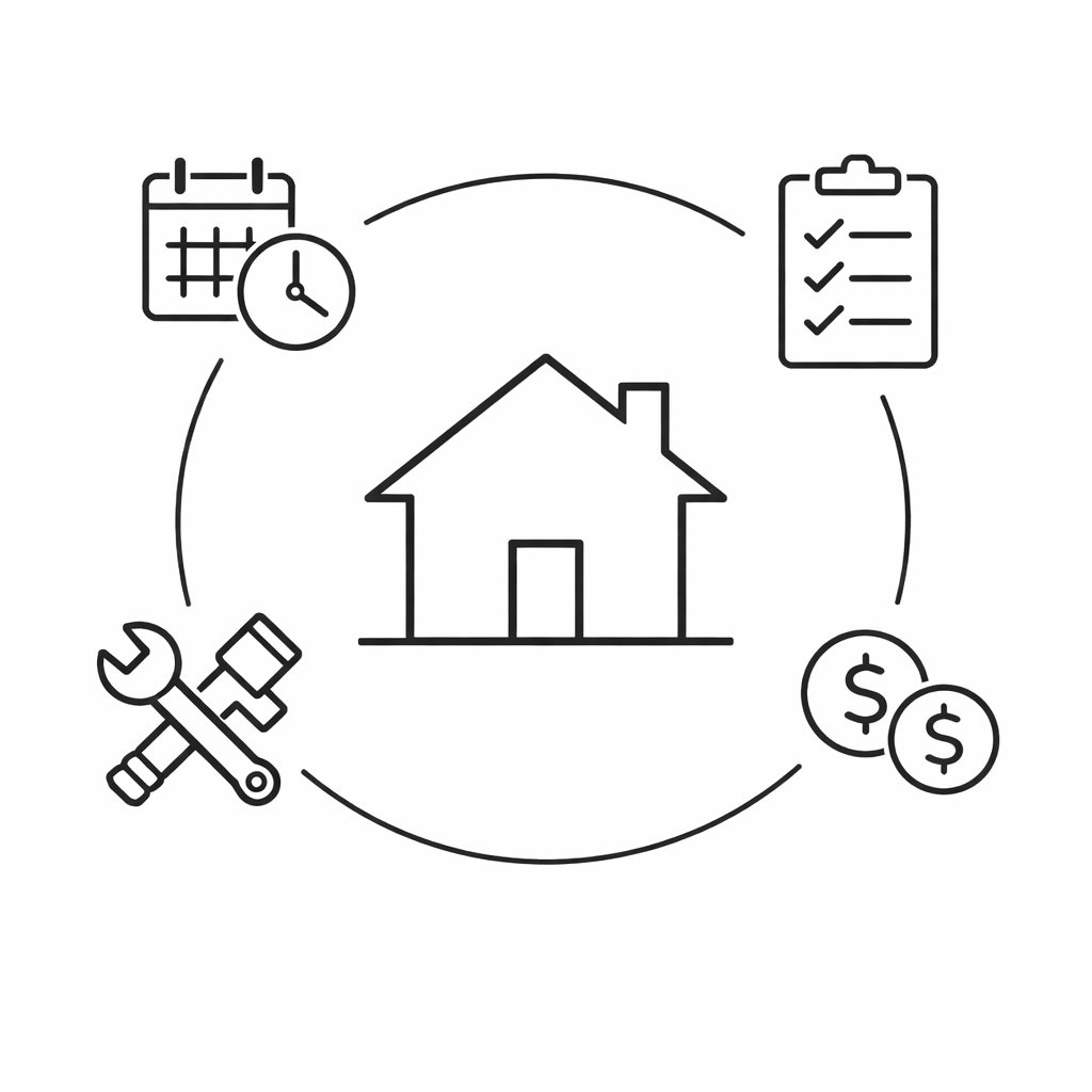 Integrated home service workflow system with operational icons and revenue tracking elements