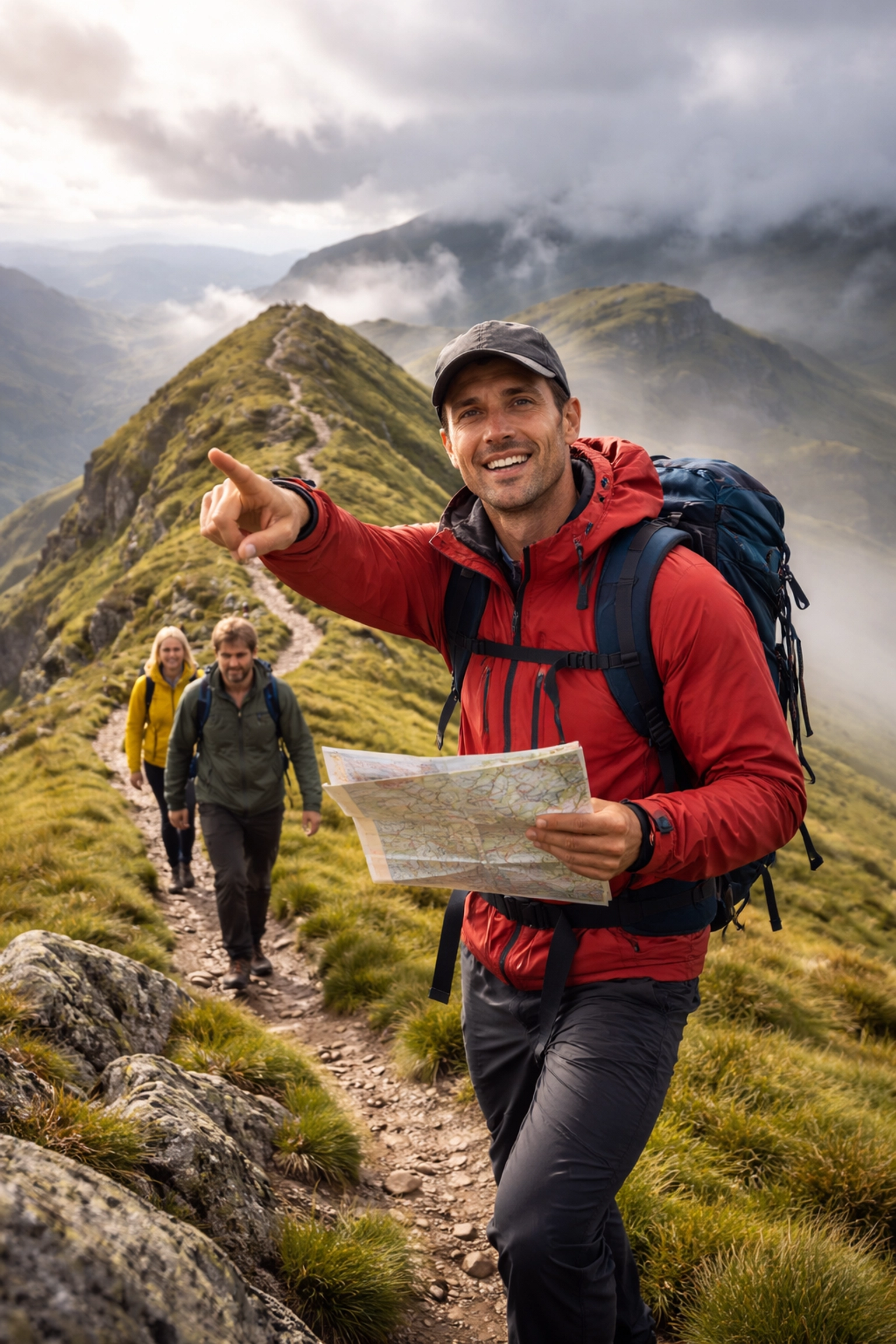A guide points the way for hikers along a misty ridge, showing expert navigation on guided hiking tours UK
