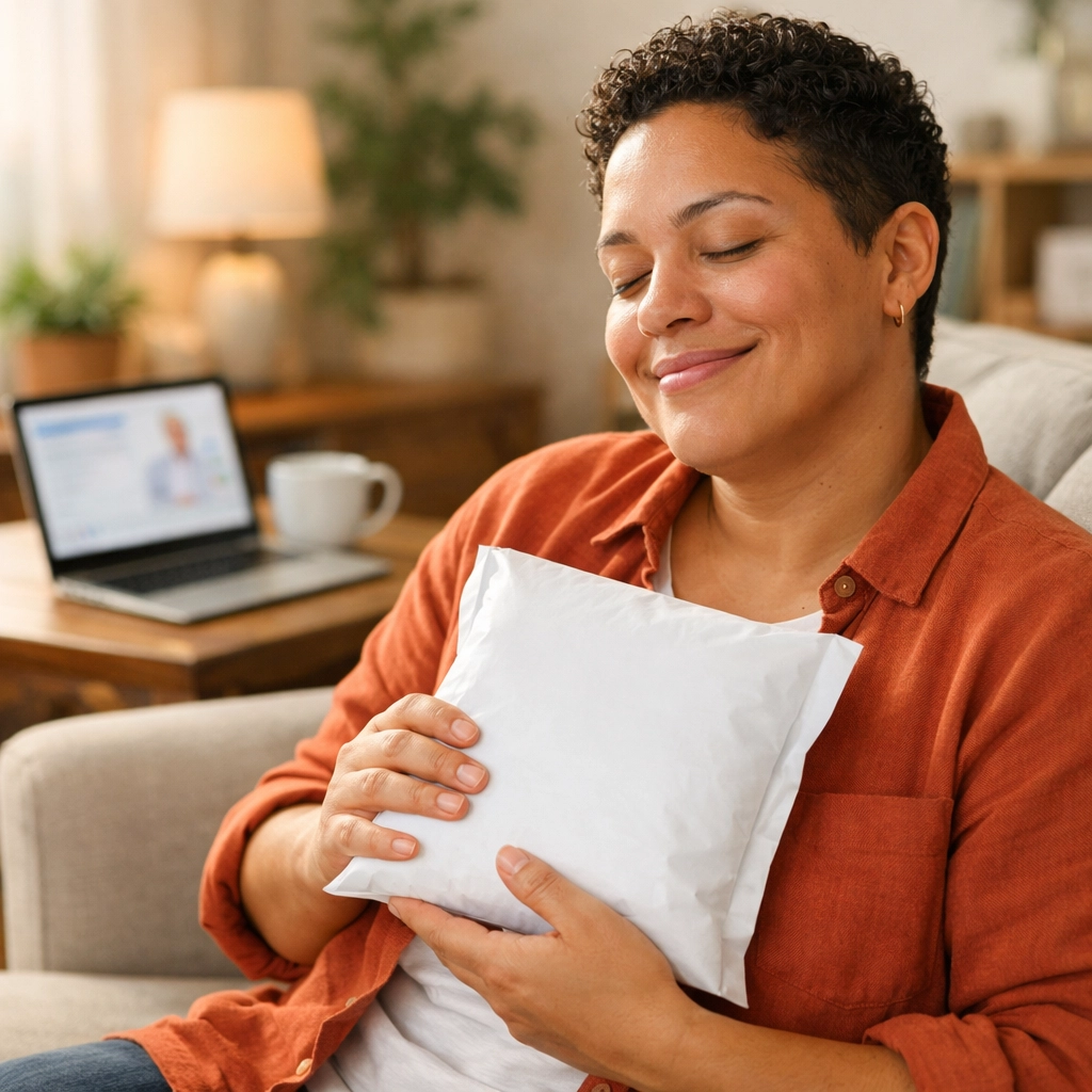 A patient receiving a discreet home delivery of weight loss medication from an online medical service.
