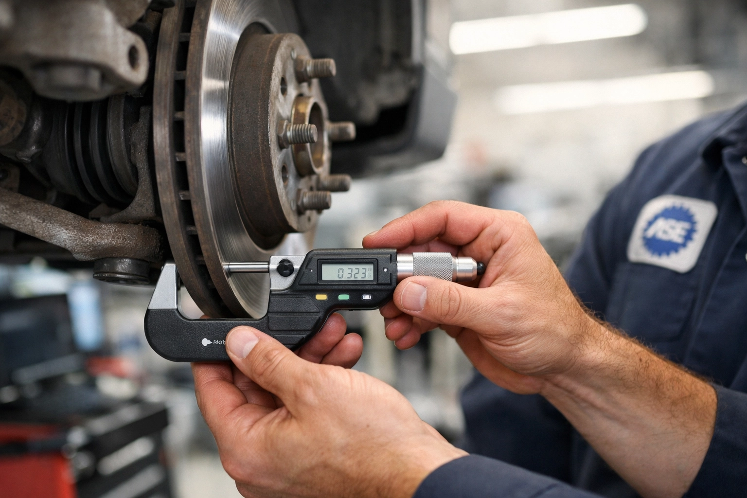 ASE-certified mechanic uses a micrometer to measure brake rotor thickness during a safety inspection.