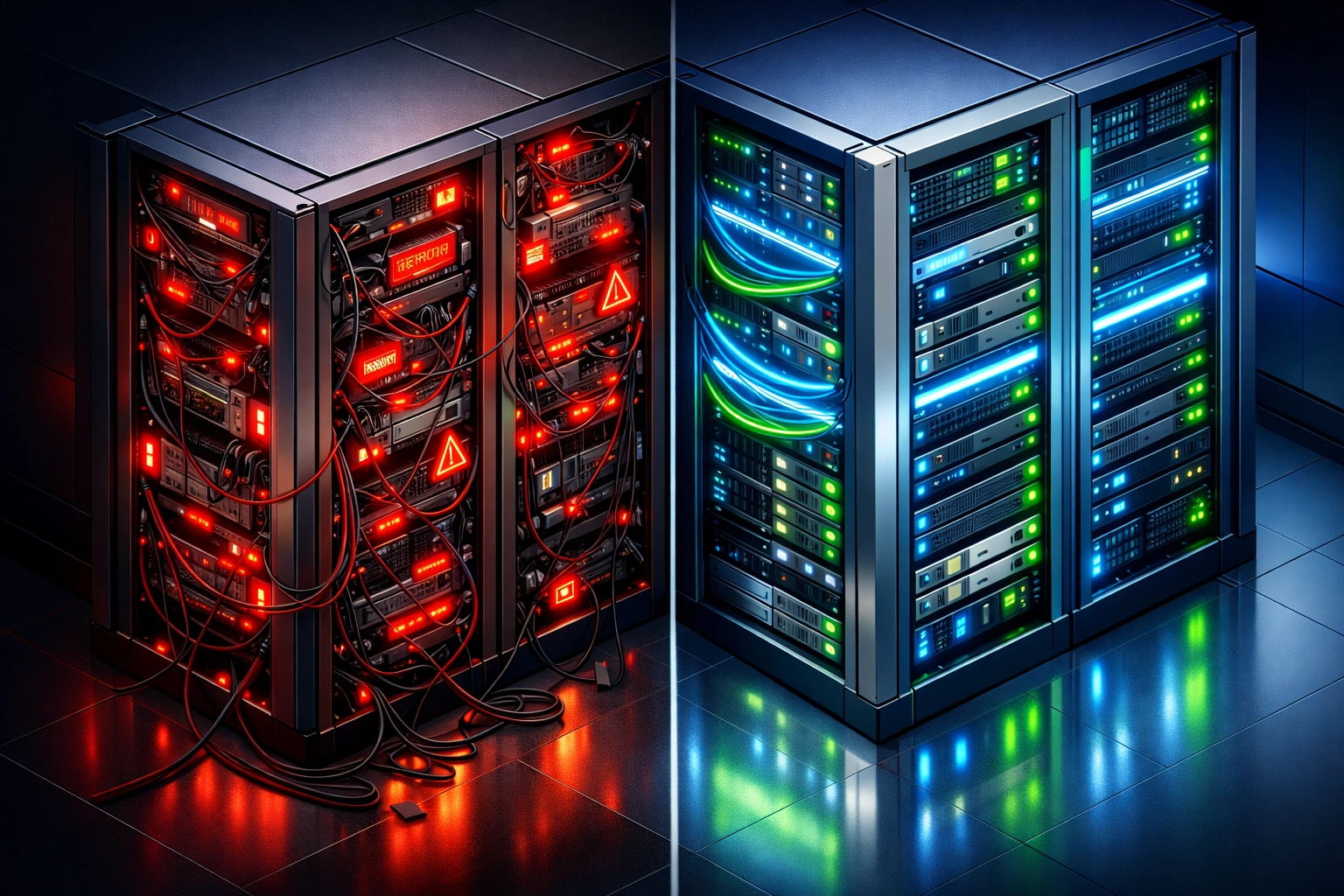 Comparison of chaotic dirty CMDB data with red errors versus organized clean data in ServiceNow ITOM
