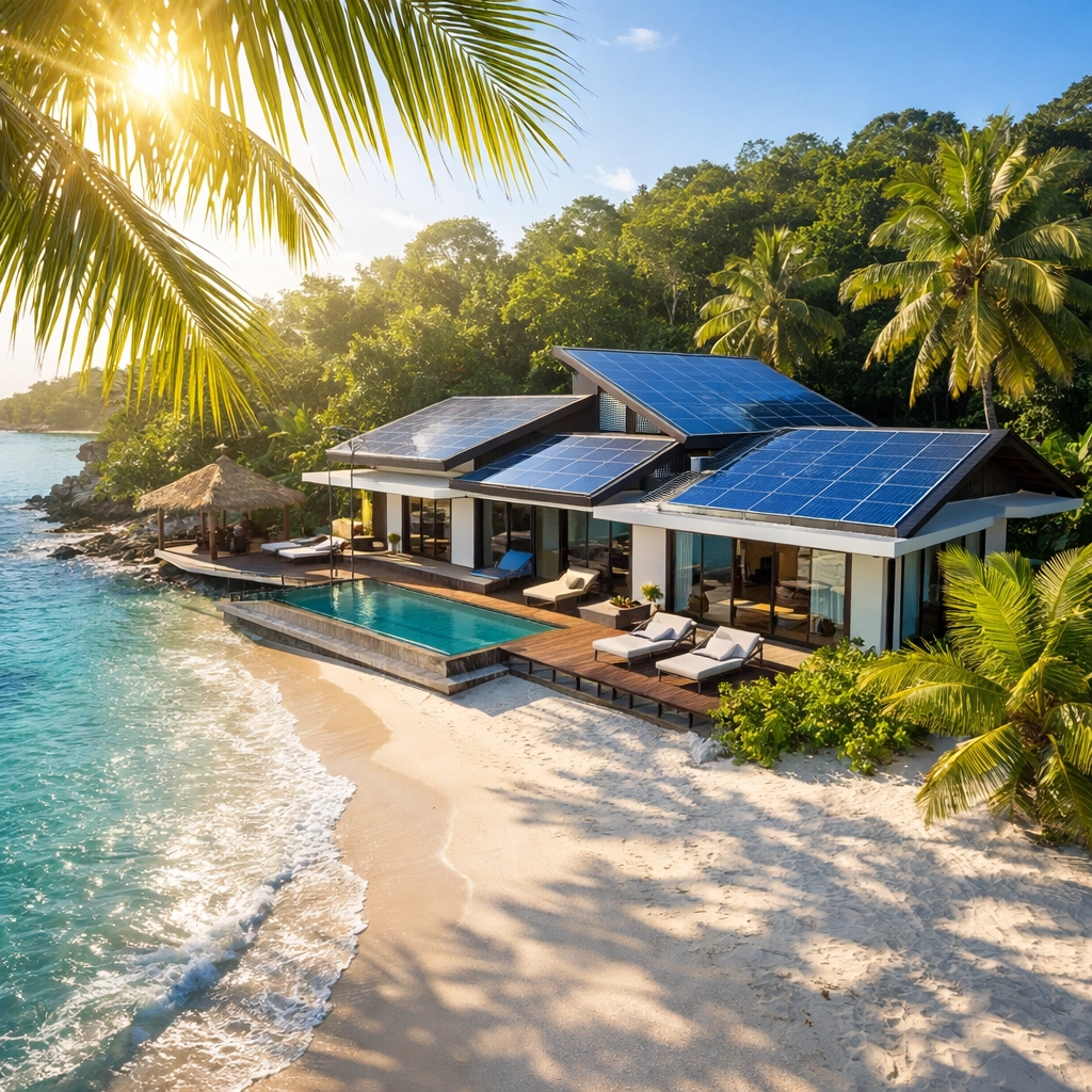 Sustainable solar panels on beachfront villa blending eco-technology with private island paradise