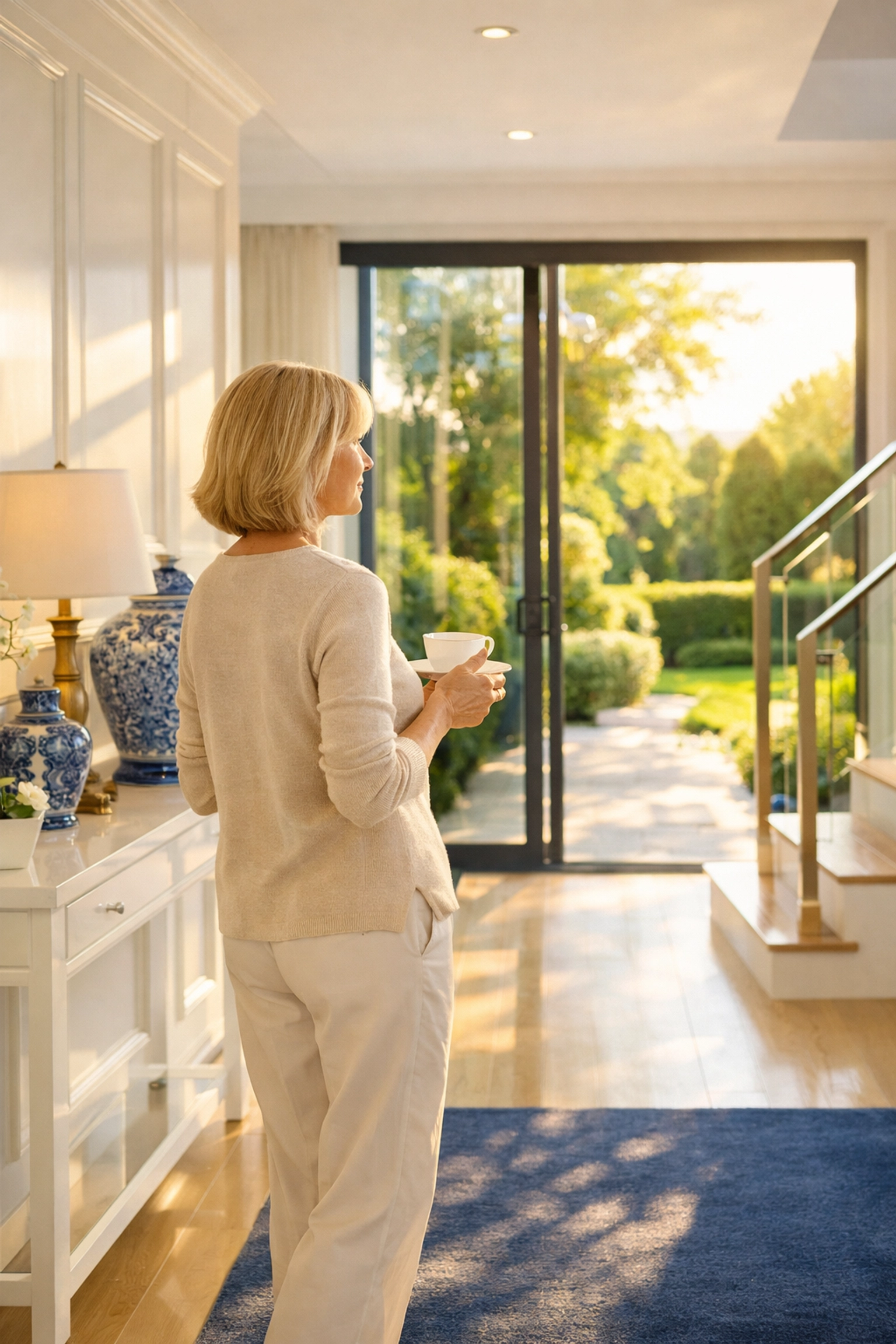 Relaxed Dover homeowner in a clean luxury interior after residential cleaning Massachusetts.