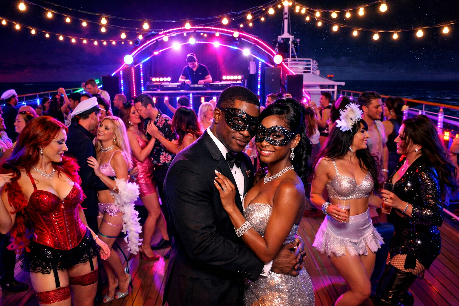 Lifestyle cruise themed party with couples in costumes dancing on deck at night