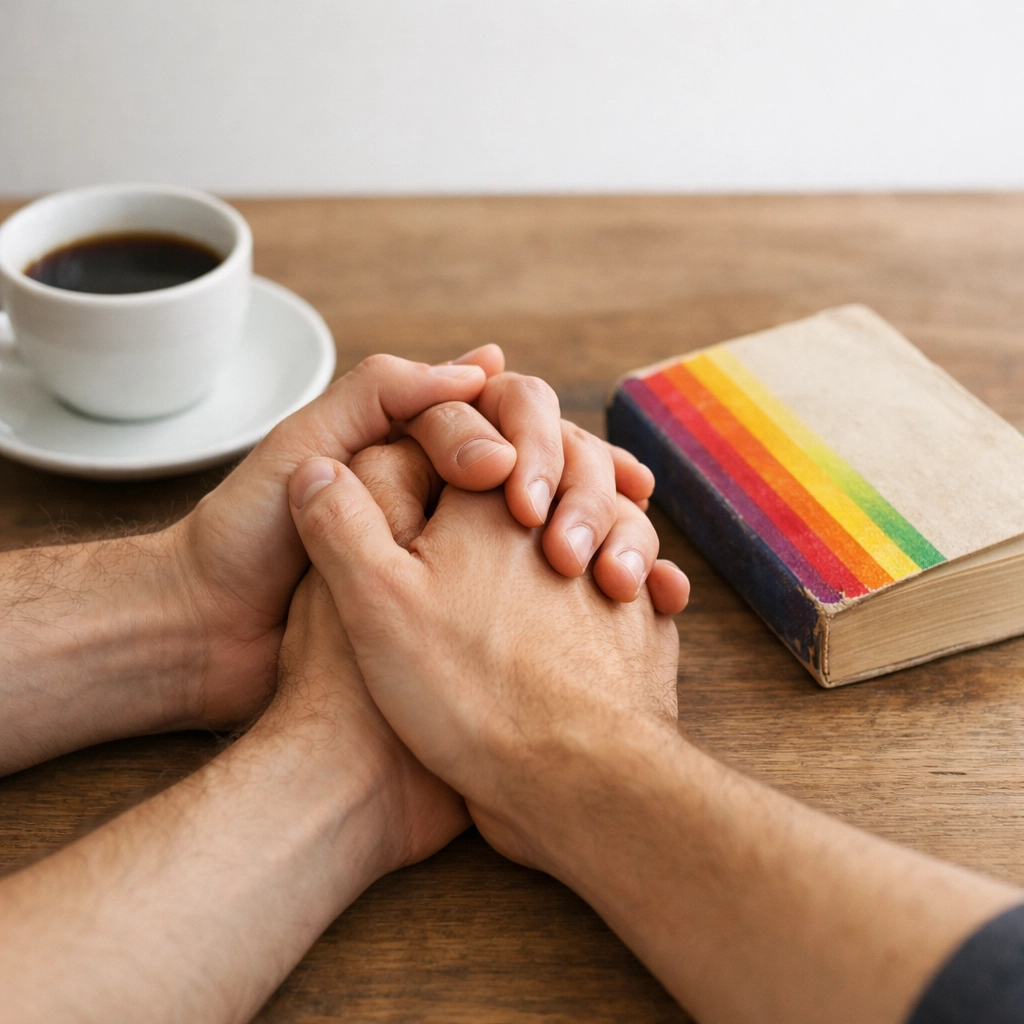 Two men holding hands beside a rainbow-spine book, showing comfort in queer literature and community.