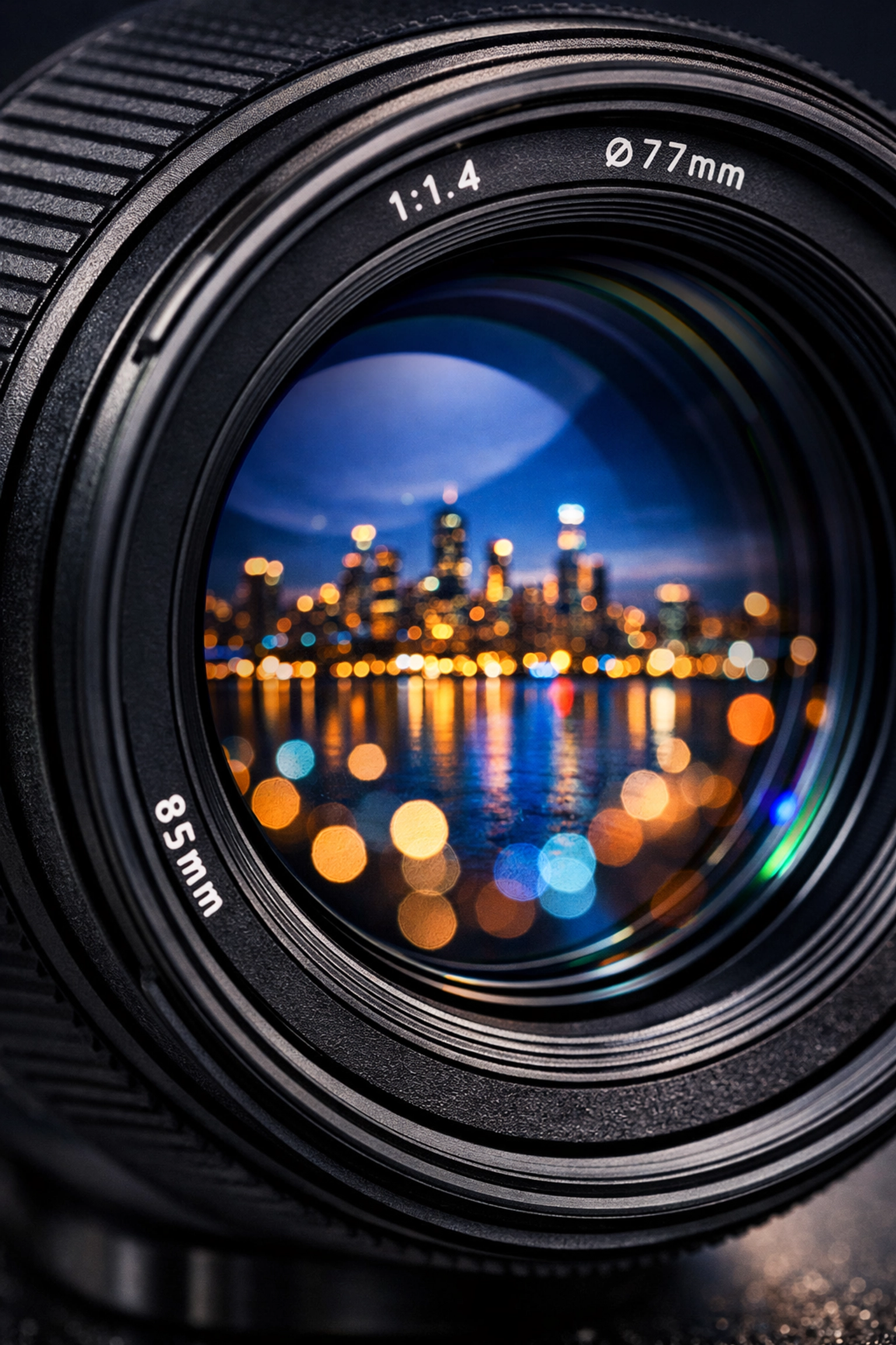 How to Shrink Your High-Res Photos in Seconds Without Losing Quality 2 Close-up of a professional 85mm camera lens reflecting a city skyline to illustrate image file quality.