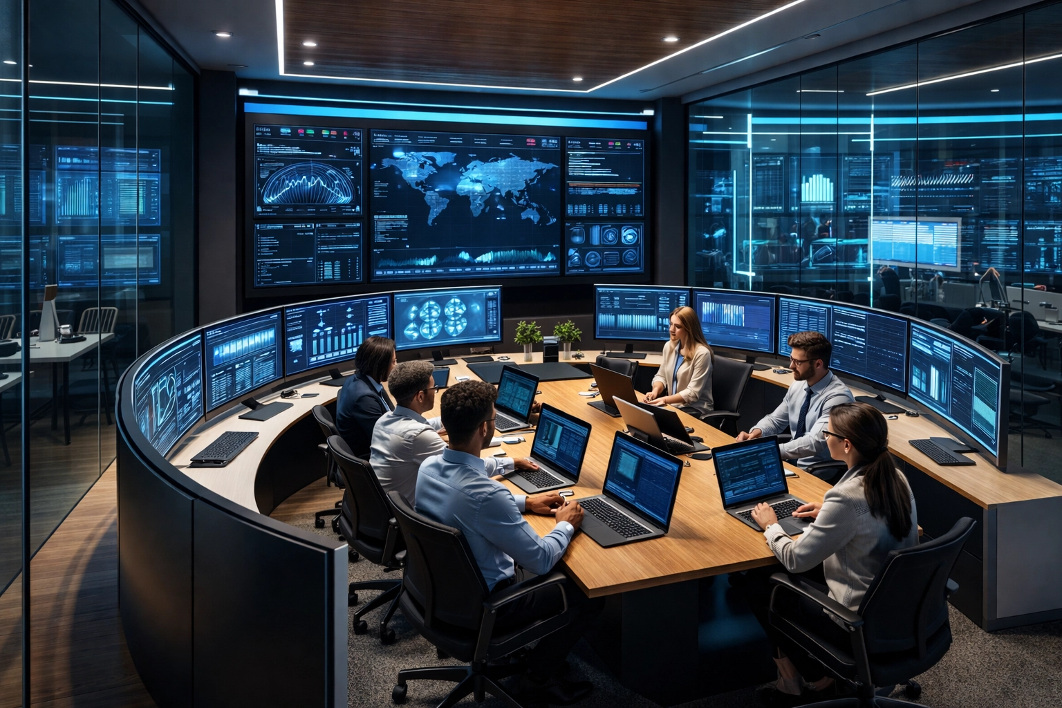 Dakdan technology center with diverse professionals collaborating at data-driven workstations, showcasing unified media workflows and digital innovation.