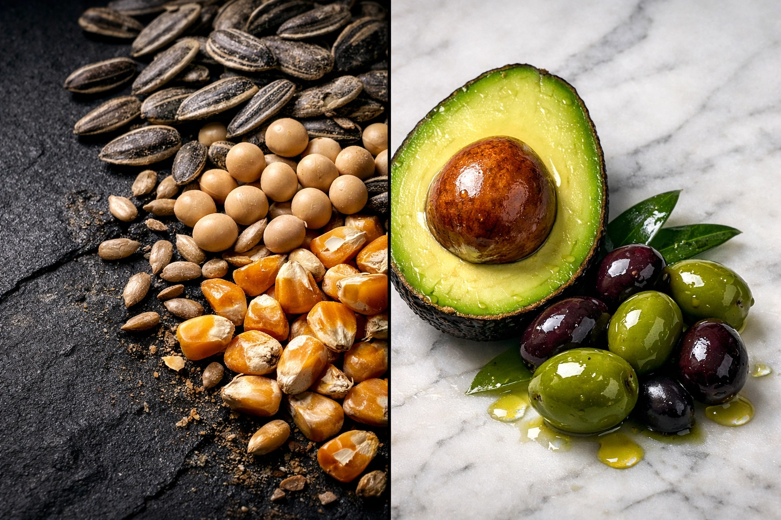 Comparison of raw seeds like sunflower and corn vs healthy fruit sources like avocado and olives for oil.