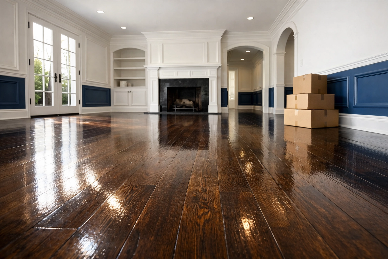 Polished hardwood floors in a Wellesley colonial home prepped by a move-in cleaning service in Massachusetts.