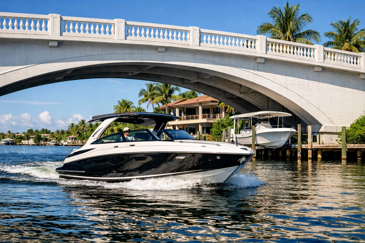 A motorboat navigating a Cape Coral canal bridge near luxury SWFL waterfront homes.