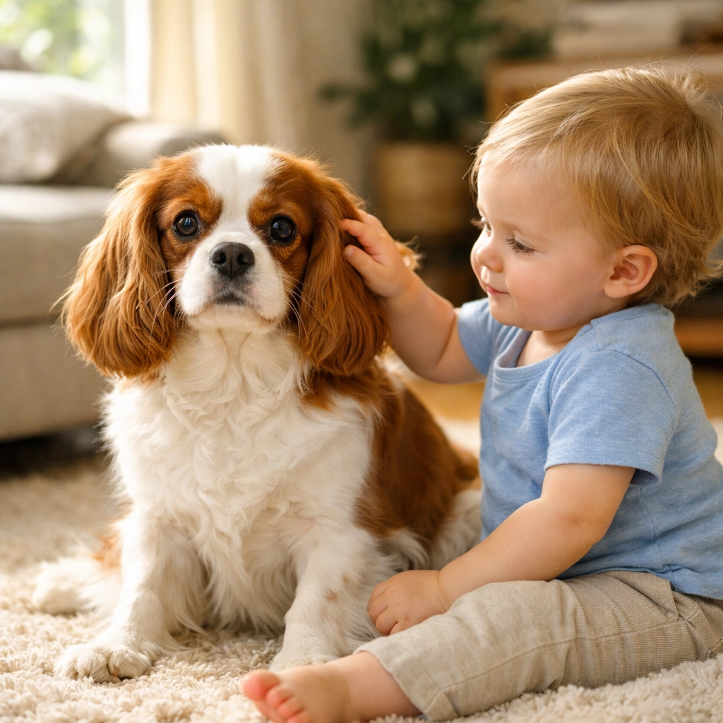 Calm Blenheim Cavalier King Charles Spaniel with a child, showing therapy-quality temperament in an Oregon home.
