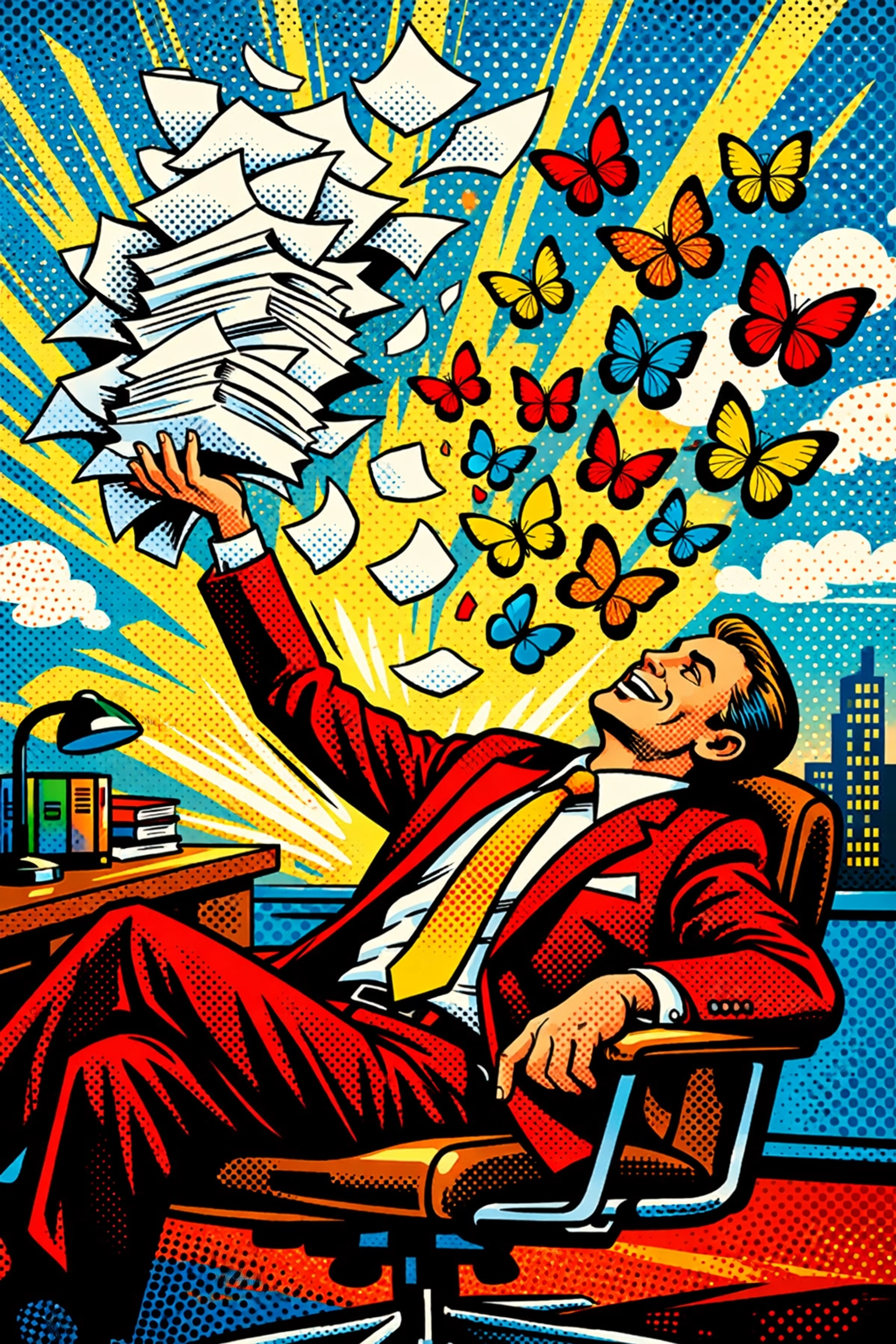 Business owner tossing papers that turn into butterflies, illustrating time saved with business automation tools.