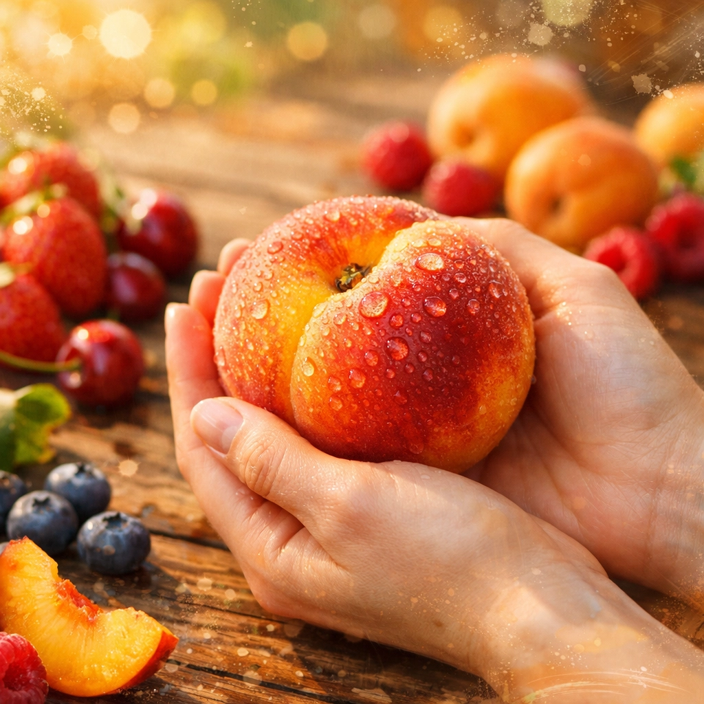 Hands holding fresh ripe peach, gratitude for God's abundant gifts