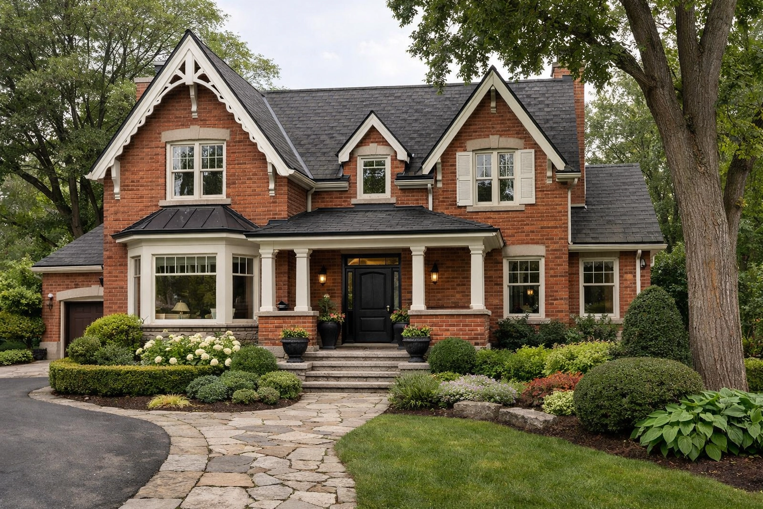 Upscale Unionville residential exterior with heritage-inspired architecture, refined landscaping, and mature trees.