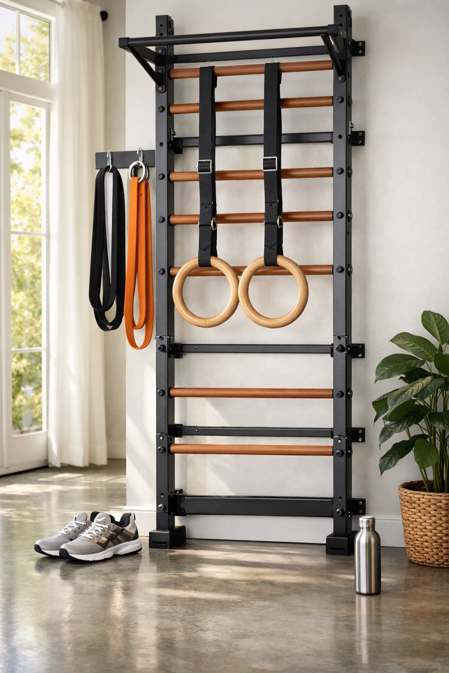 Premium home gym setup featuring gymnastic rings and resistance bands for a full body workout.