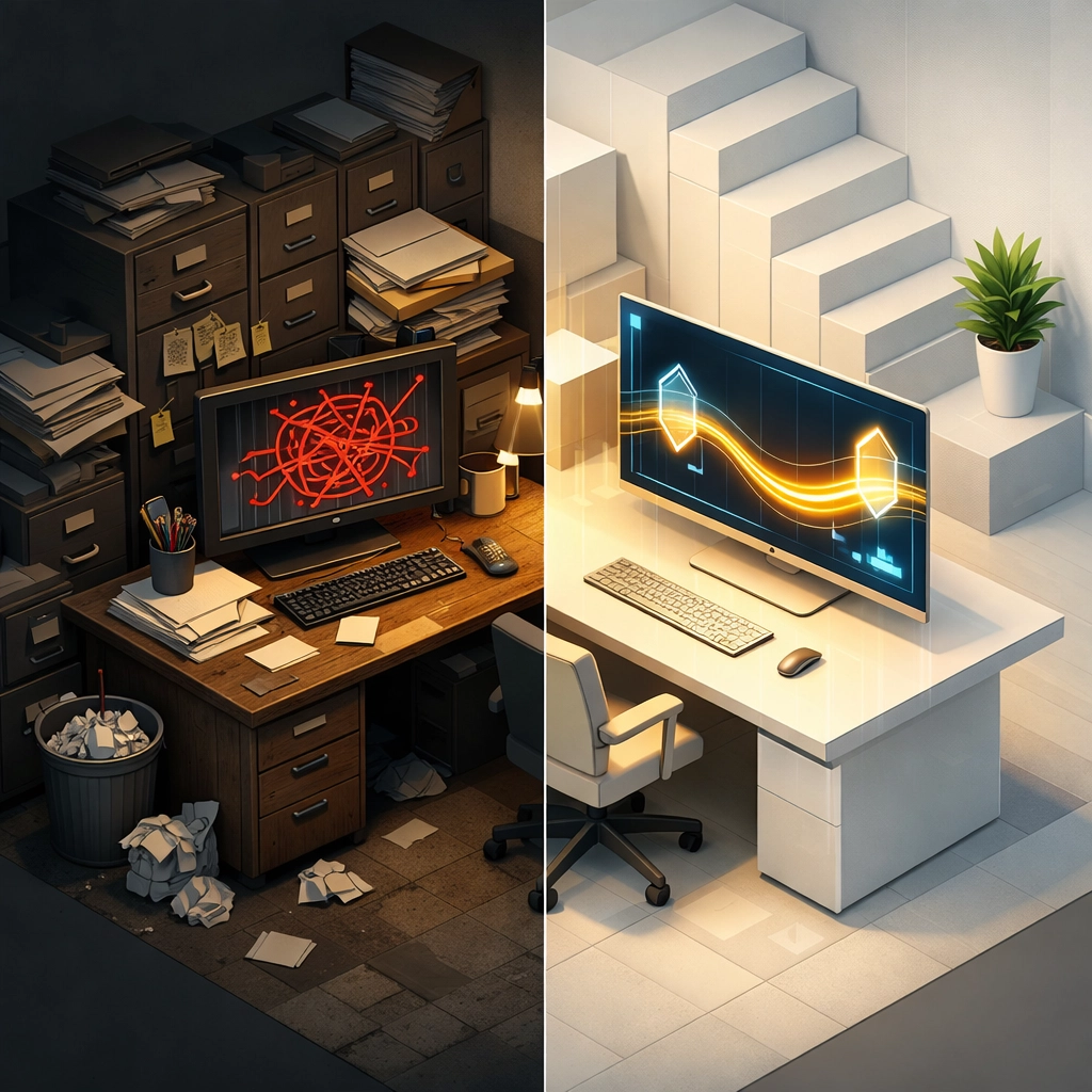 Visualizing the shift from legacy process debt to streamlined efficiency through ERP modernization.