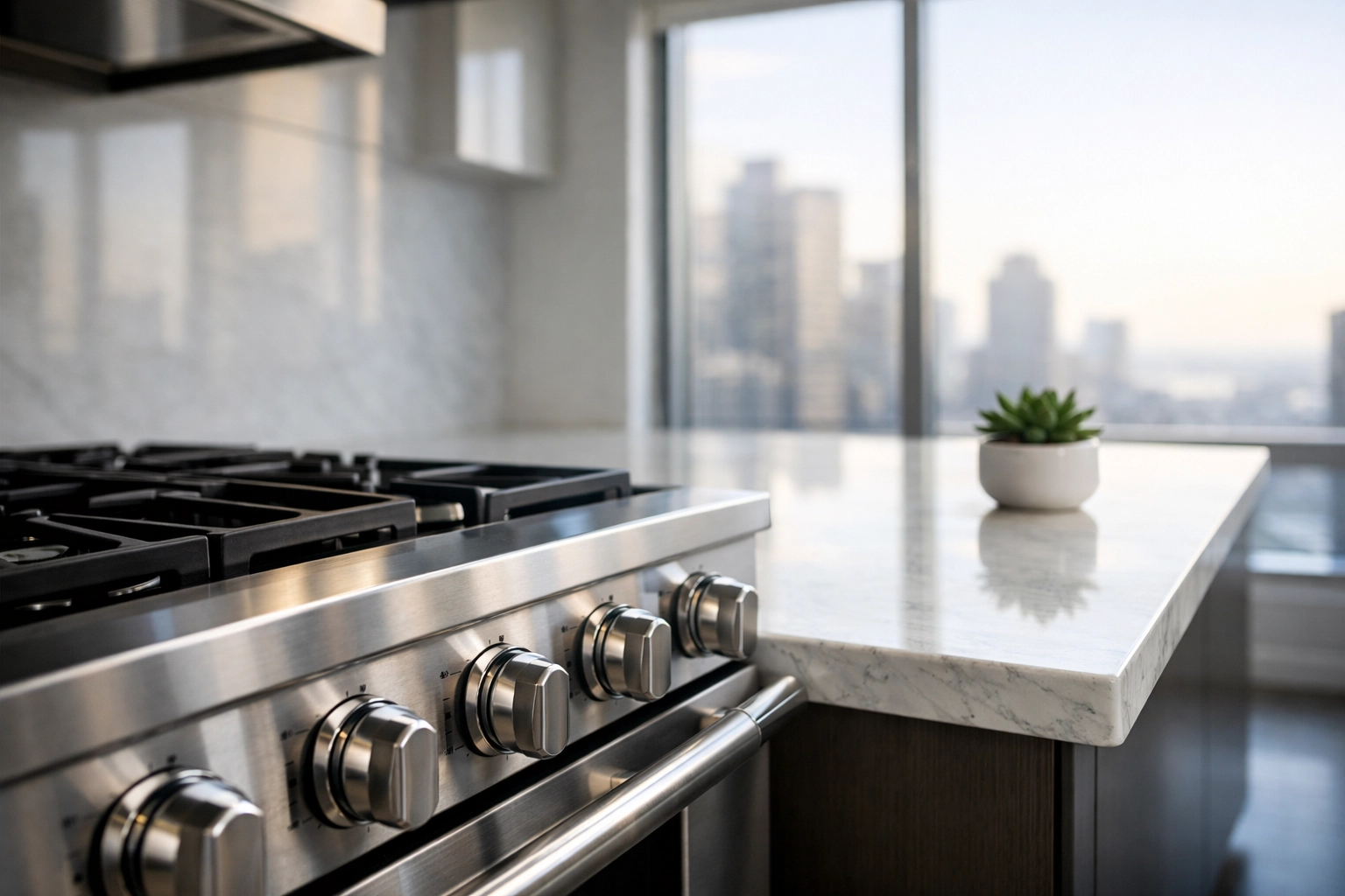 Professionally cleaned modern kitchen with a pristine stove and marble counters in a Chicago apartment.
