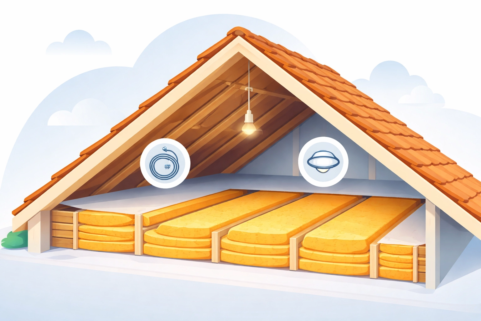 Cutaway of a house loft with non-combustible insulation, wiring, and downlight for fire safety.