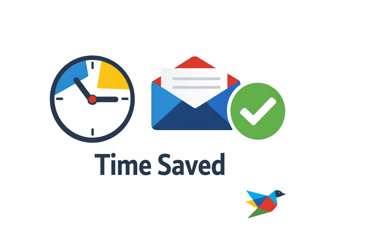 Minimal time-saved illustration with a clean clock icon and checkmark next to an inbox/message icon in a geometric, color-blocked style (Blue, Red, Green, Yellow) on a clean white background with a geometric bird logo theme.