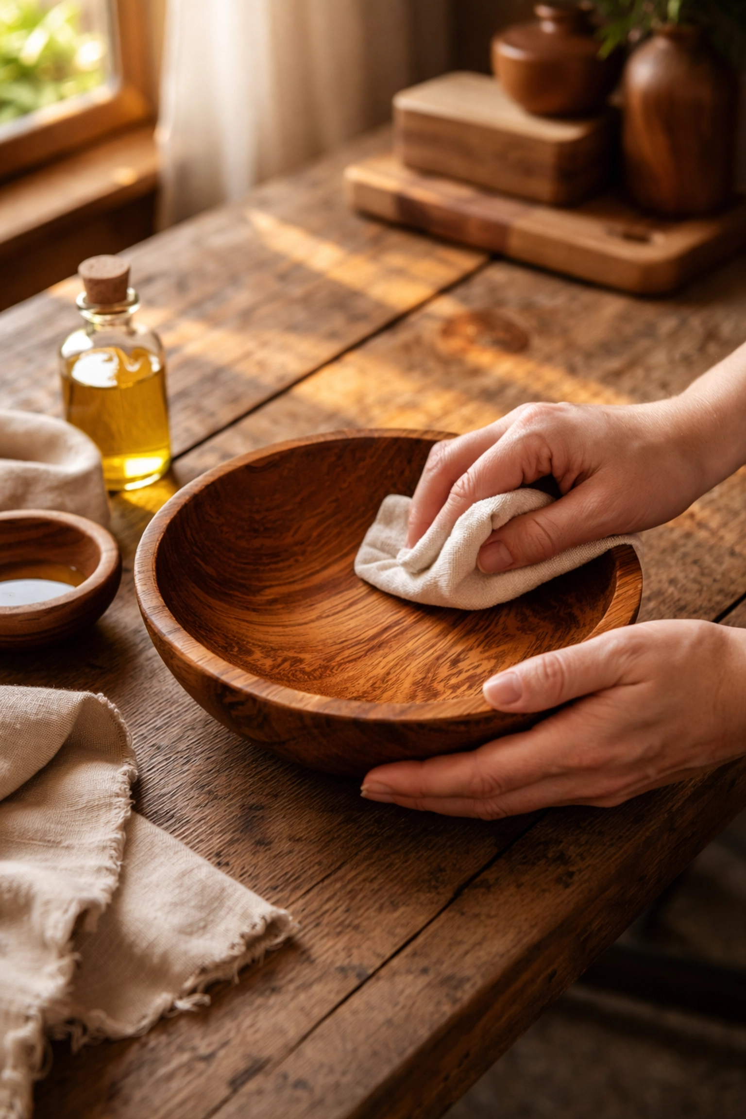 Hands conditioning a hand-carved wooden bowl with oil, showcasing wood decor care in a rustic home setting