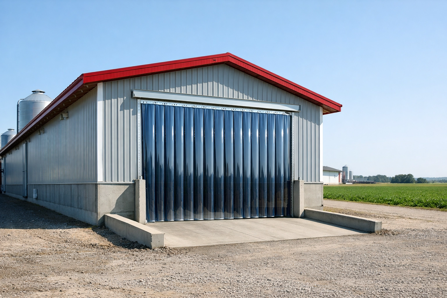 Durable industrial PVC curtains for poultry farmers installed on a large barn loading bay.