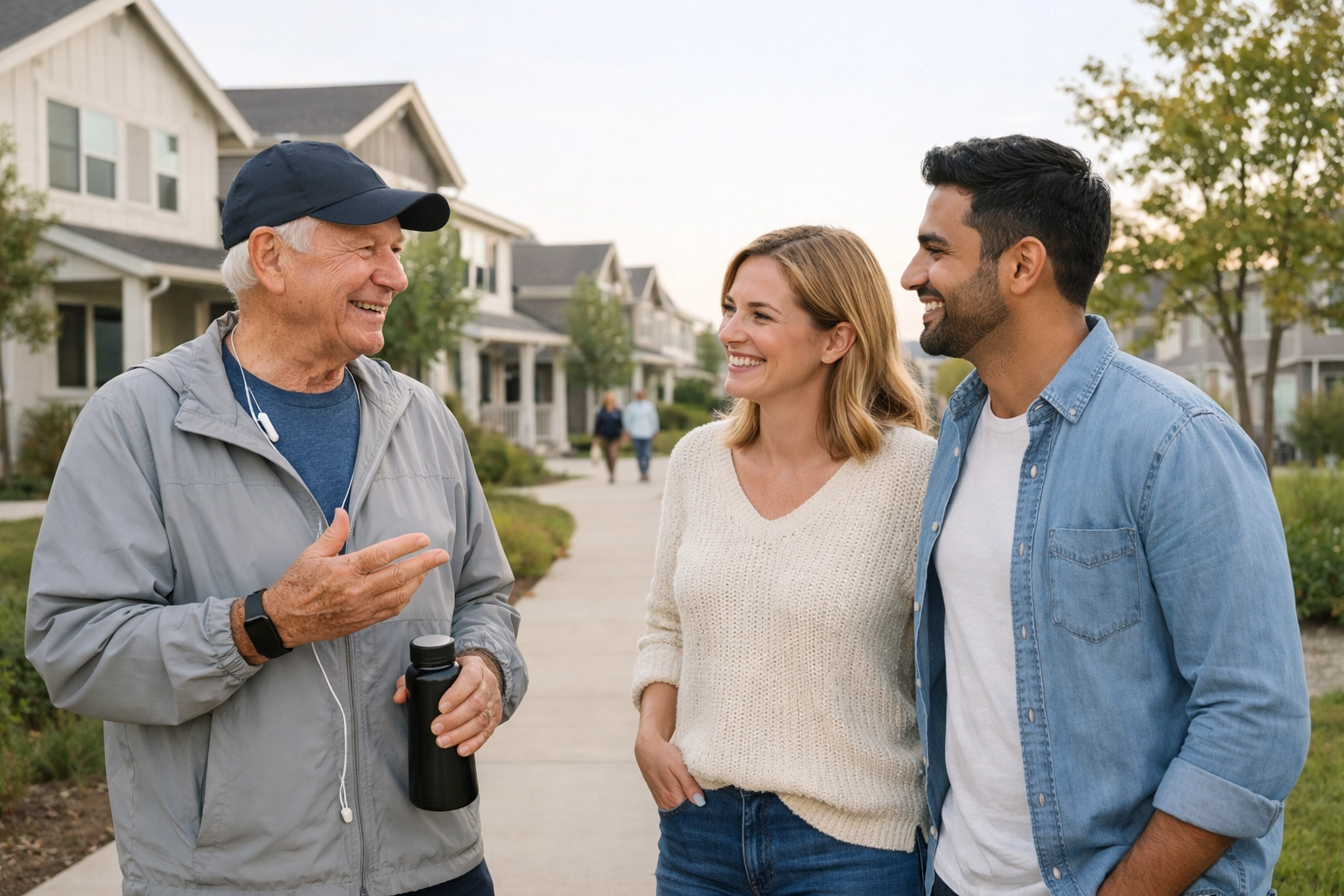 Neighbors chatting on a walking path in a friendly and safe Crosby manufactured home community.
