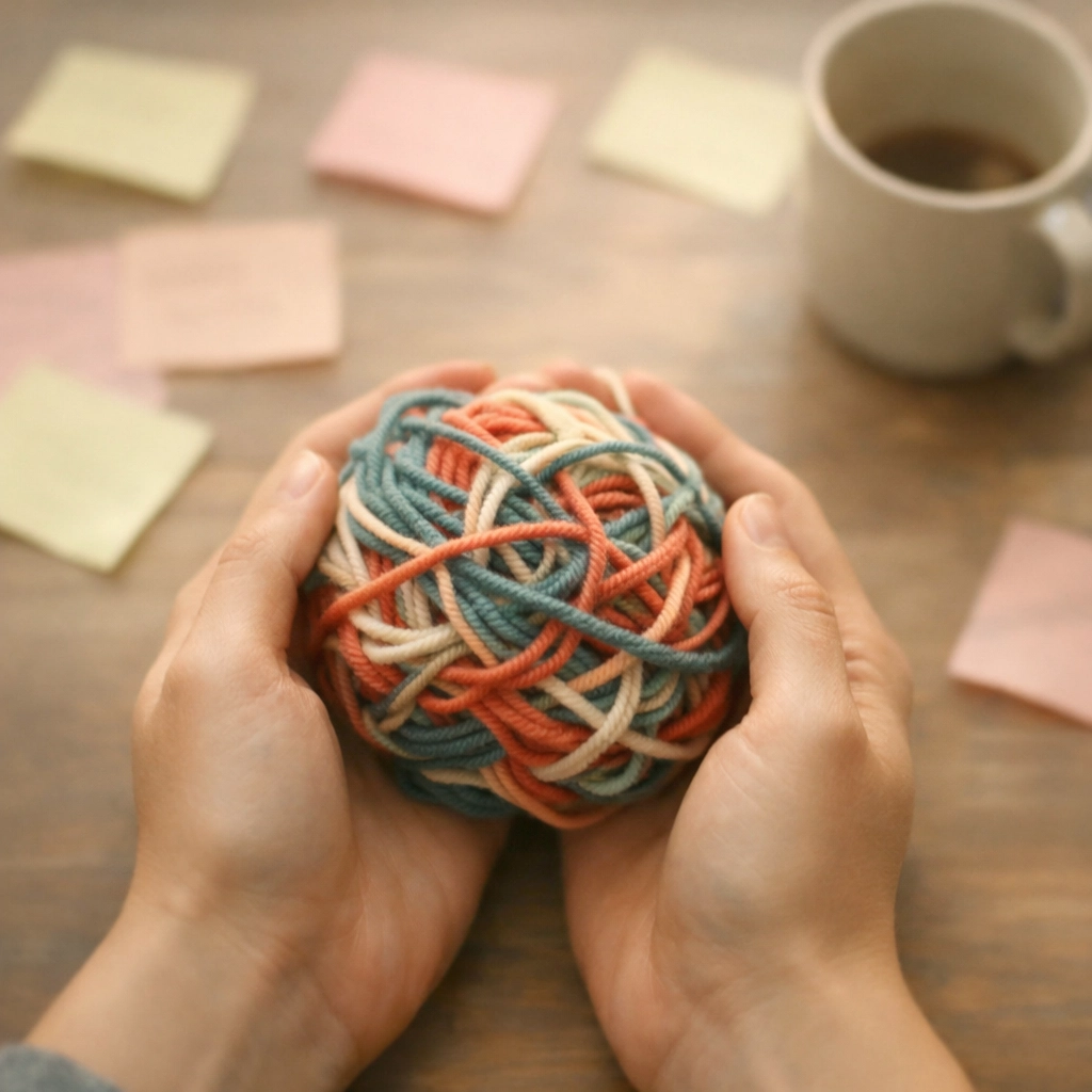 Tangled yarn and scattered sticky notes on desk symbolizing inattentive ADHD disorganization