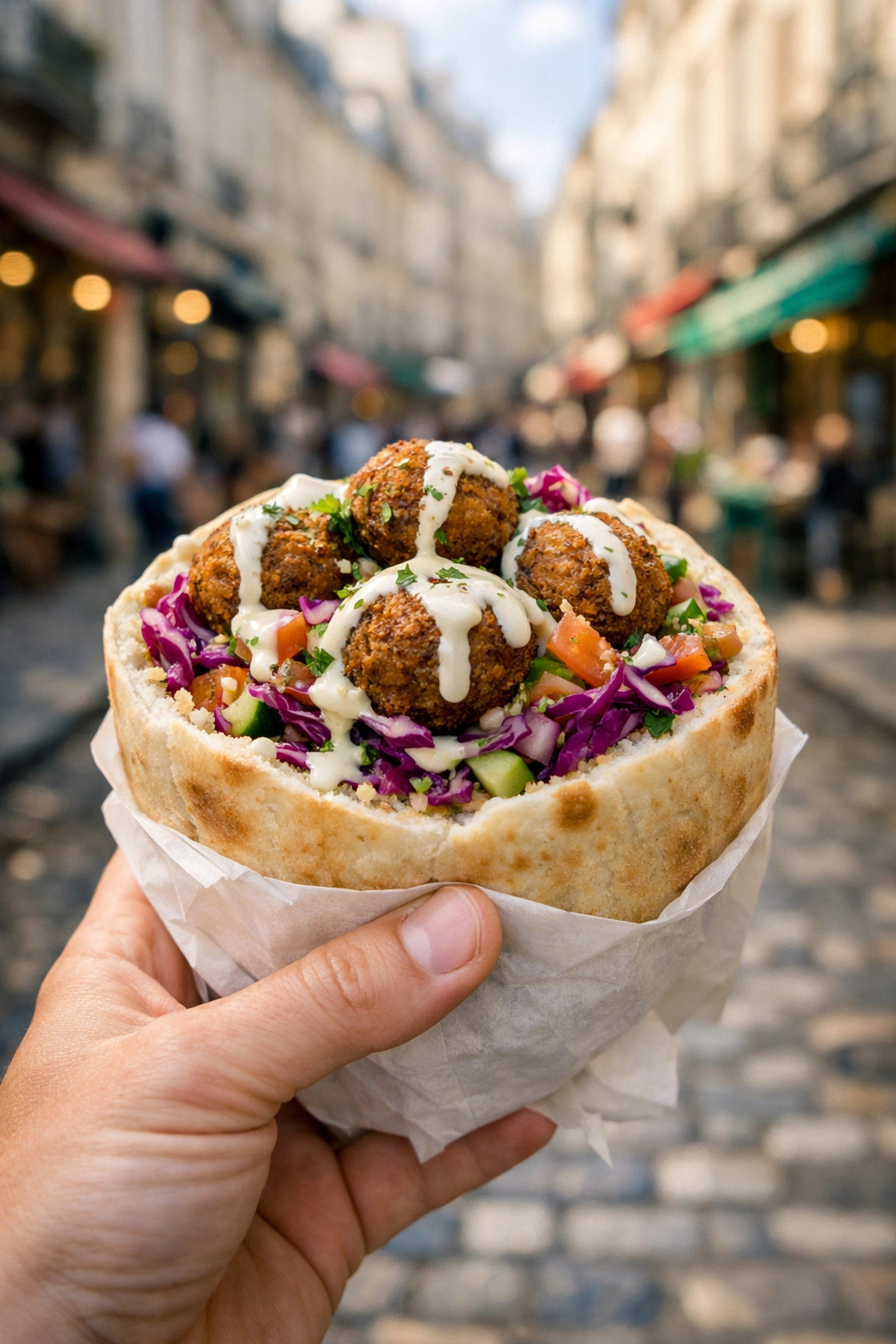 Falafel pita from L’As du Falafel in the Marais, a must-try budget travel food in Paris.