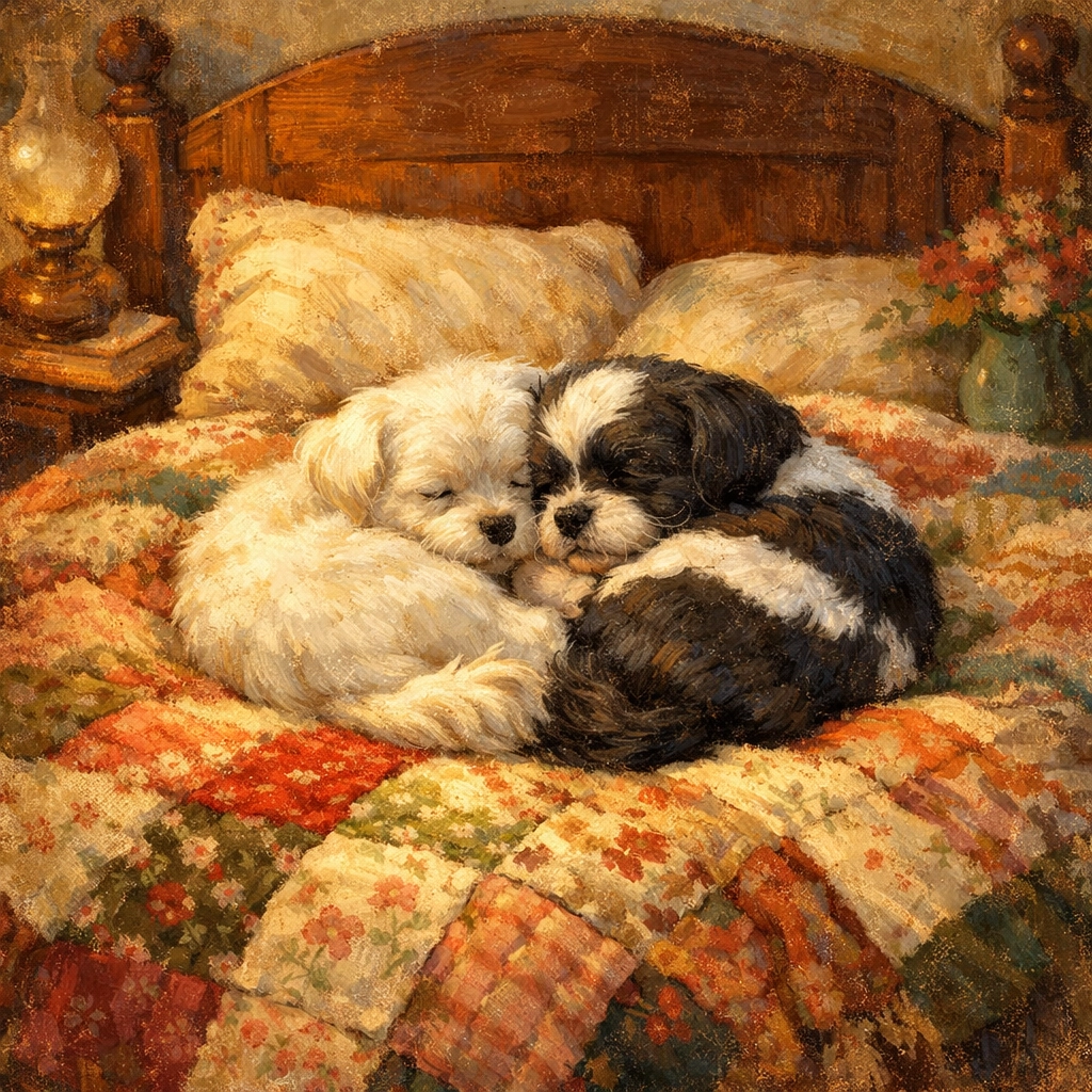 Milo the Maltese and Panda Bear the Shih Tzu resting patiently on a vintage floral quilt.