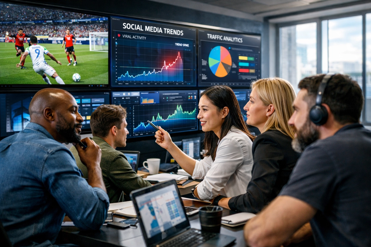 Marketing team analyzing live sports data and social trends in a modern command center for real-time brand engagement.
