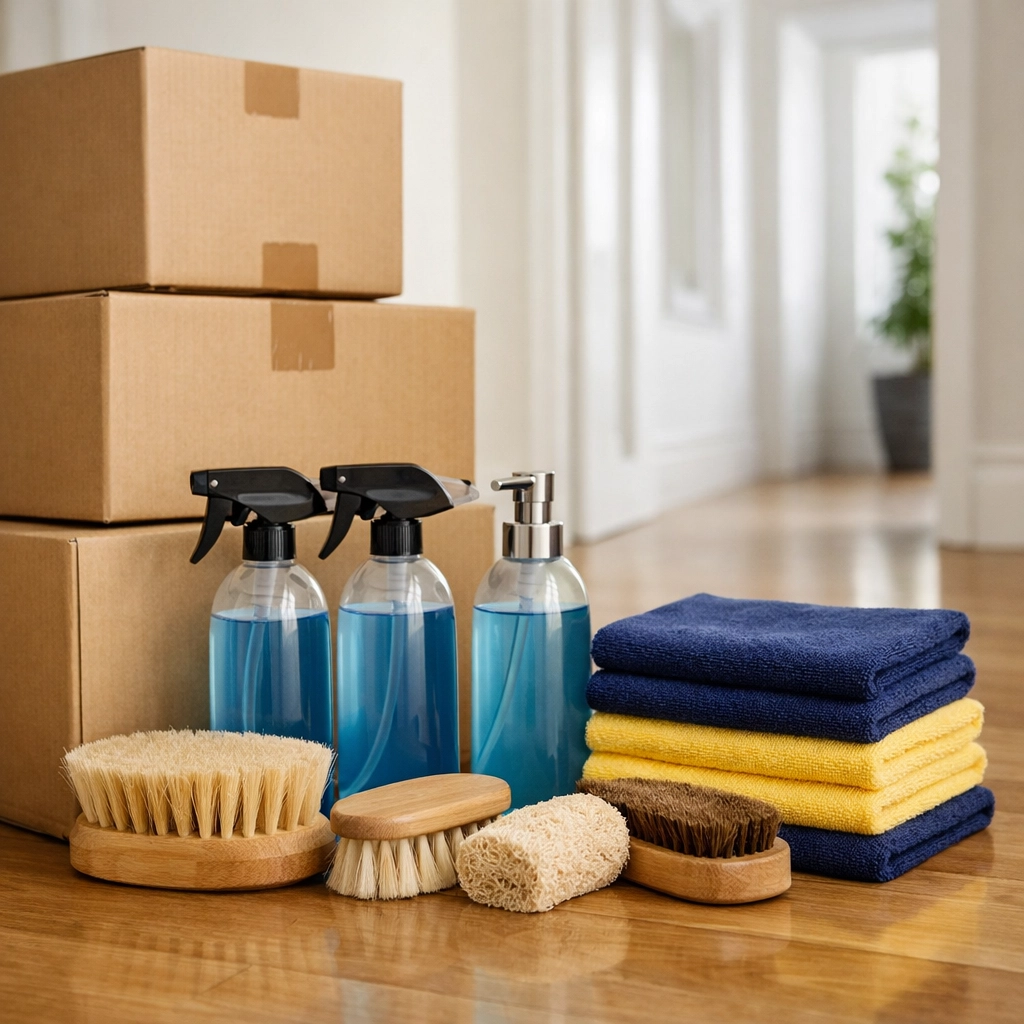 Eco-friendly cleaning supplies and moving boxes prepared for a professional maid service Cambridge appointment.