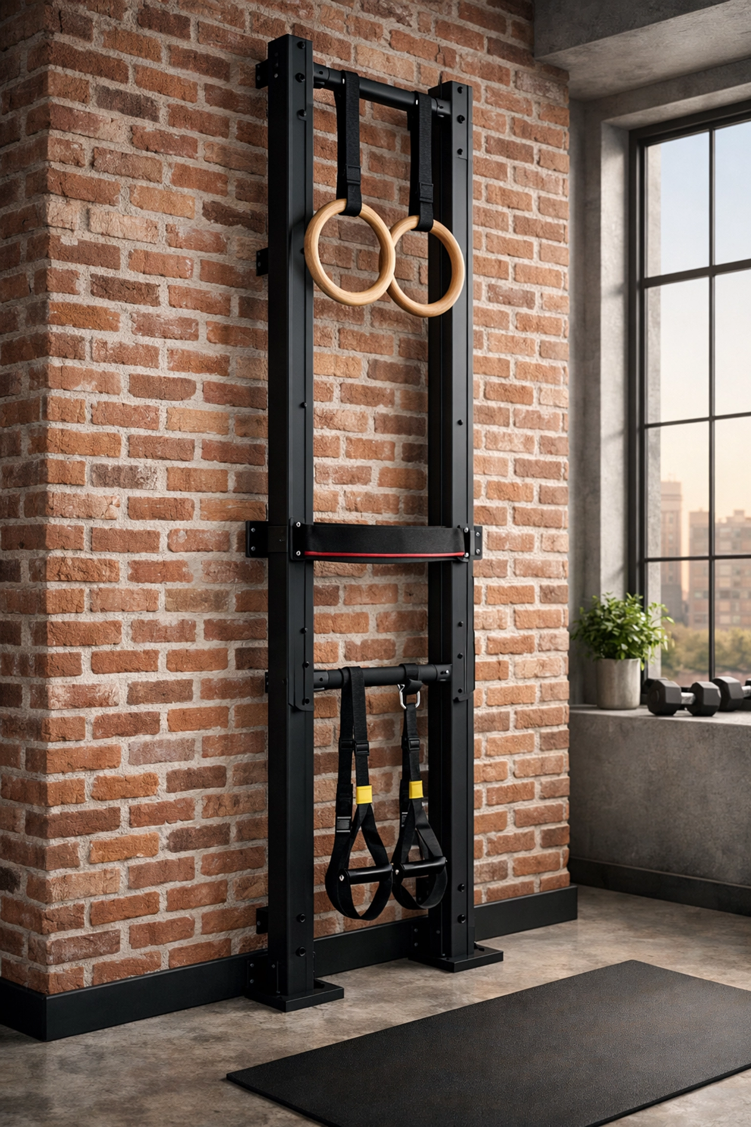 Versatile floor-to-ceiling home gym equipment featuring gymnastic rings and resistance training bands in a modern loft.