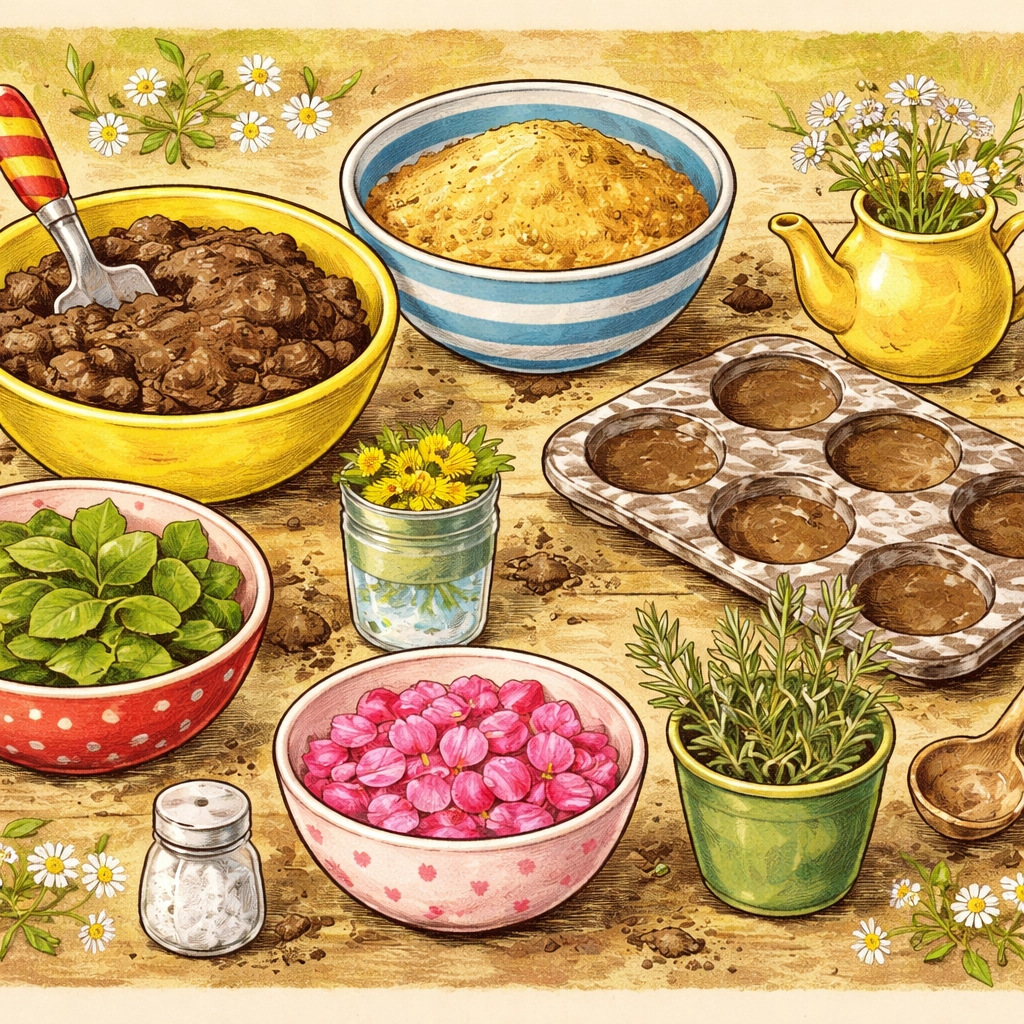 An overhead view of mud kitchen ingredients like dirt, sand, leaves, flower petals, and herbs in bowls for sensory play.