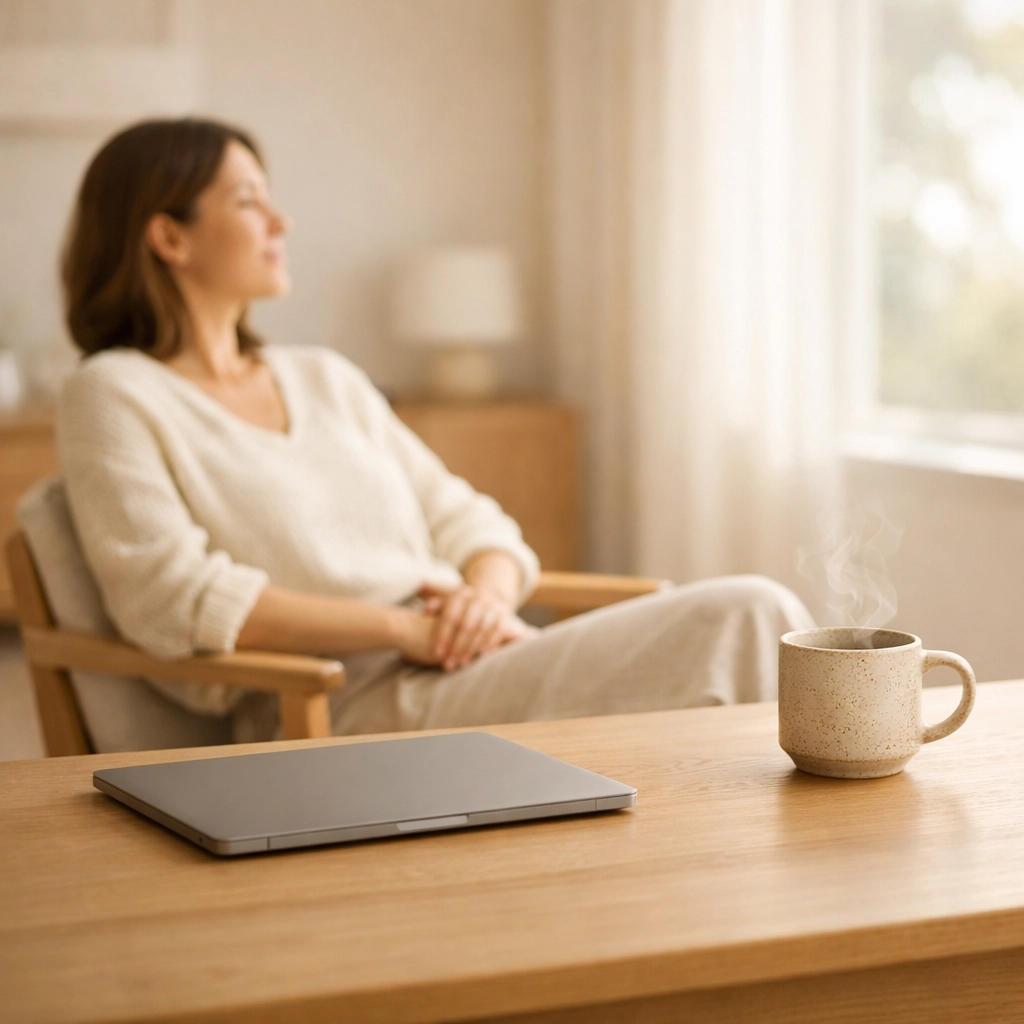 A calm CEO resting in a minimalist home office to protect her peace and business energy.