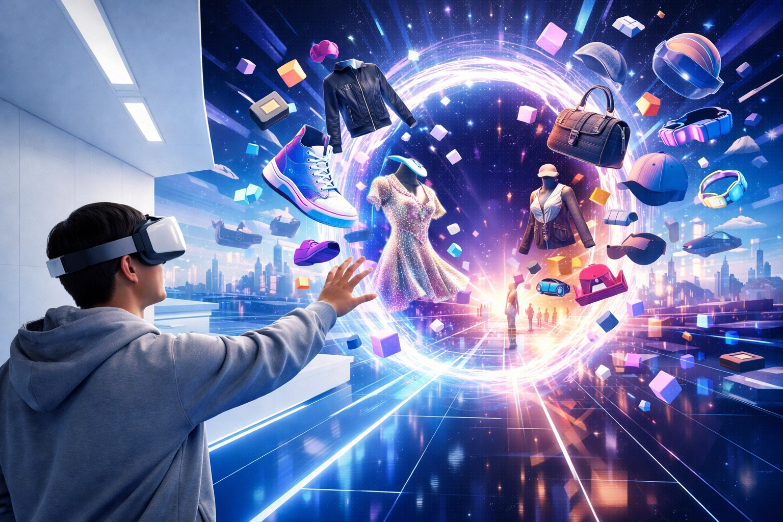 Person wearing a VR headset accessing a digital fashion portal in the Larecoin metaverse ecosystem.