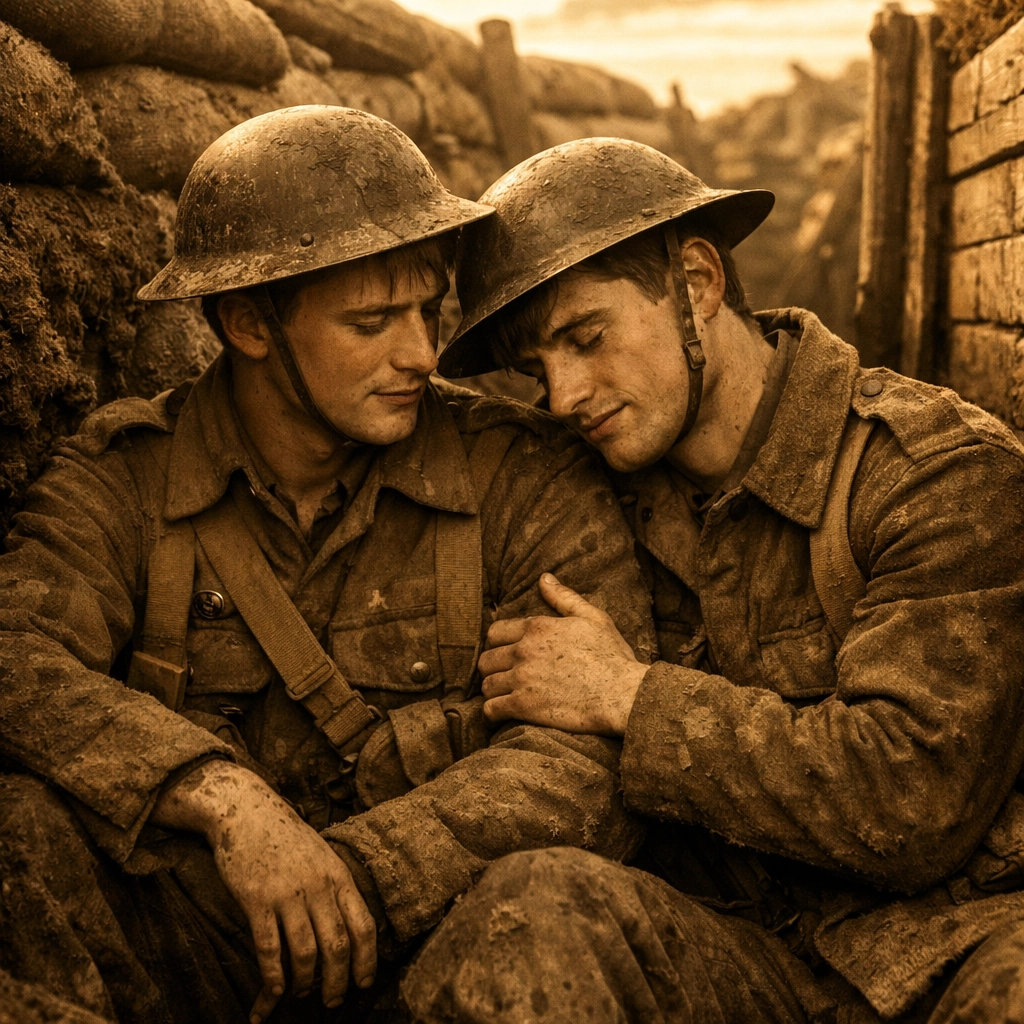 Two WWI soldiers sharing a tender moment together in muddy trenches during World War One