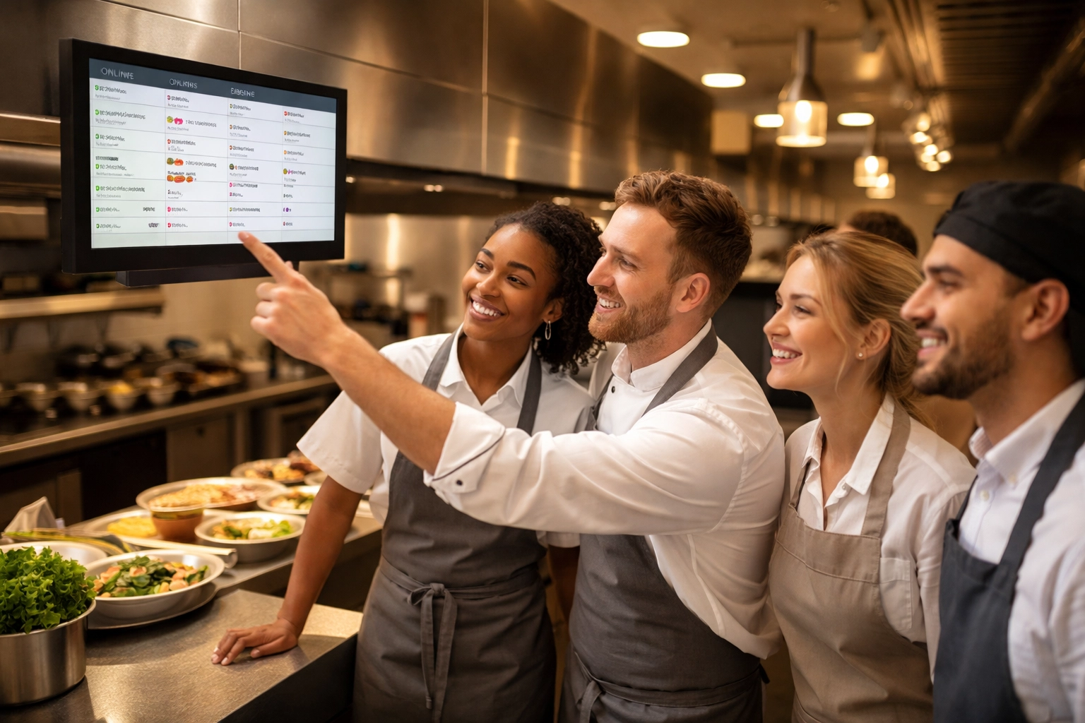 Happy kitchen staff efficiently processing incoming online orders on a digital screen for commission-free sales