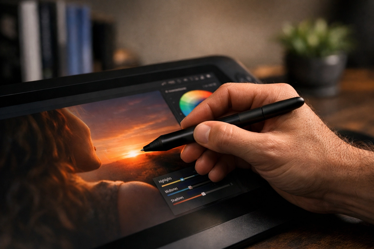 A photographer using a digital tablet for portrait retouching during a photo editing tutorial.