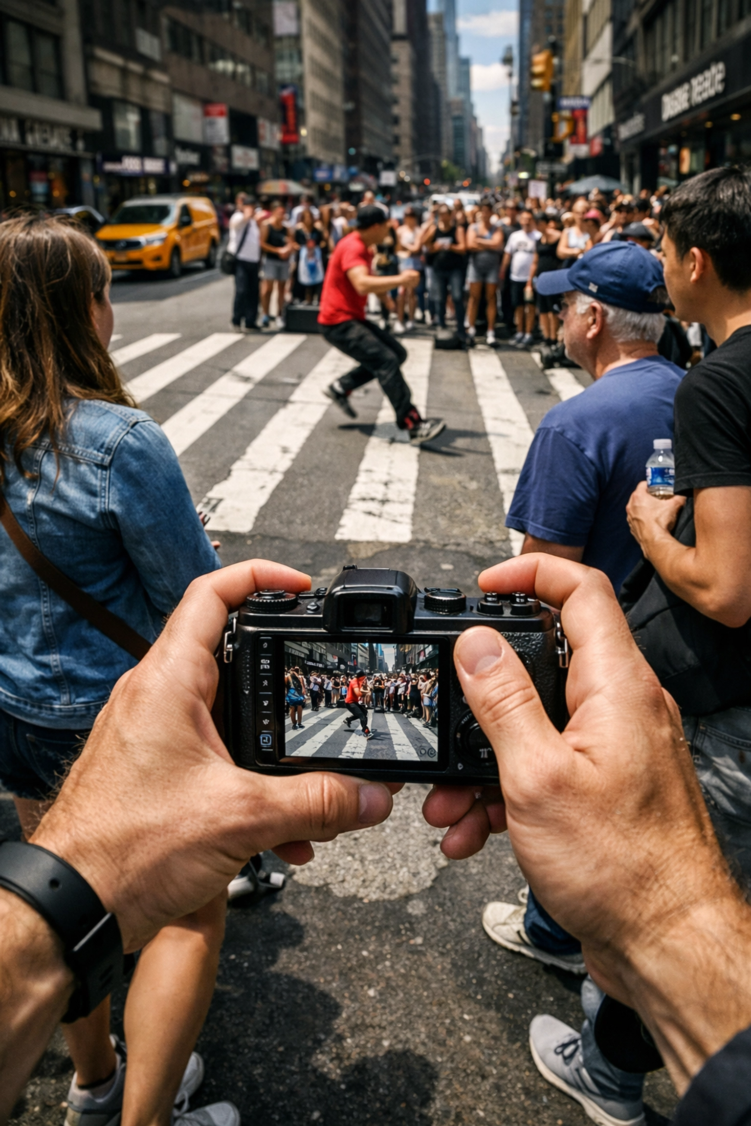 Photographer POV of a busy city crosswalk, demonstrating candid street photography techniques and timing.