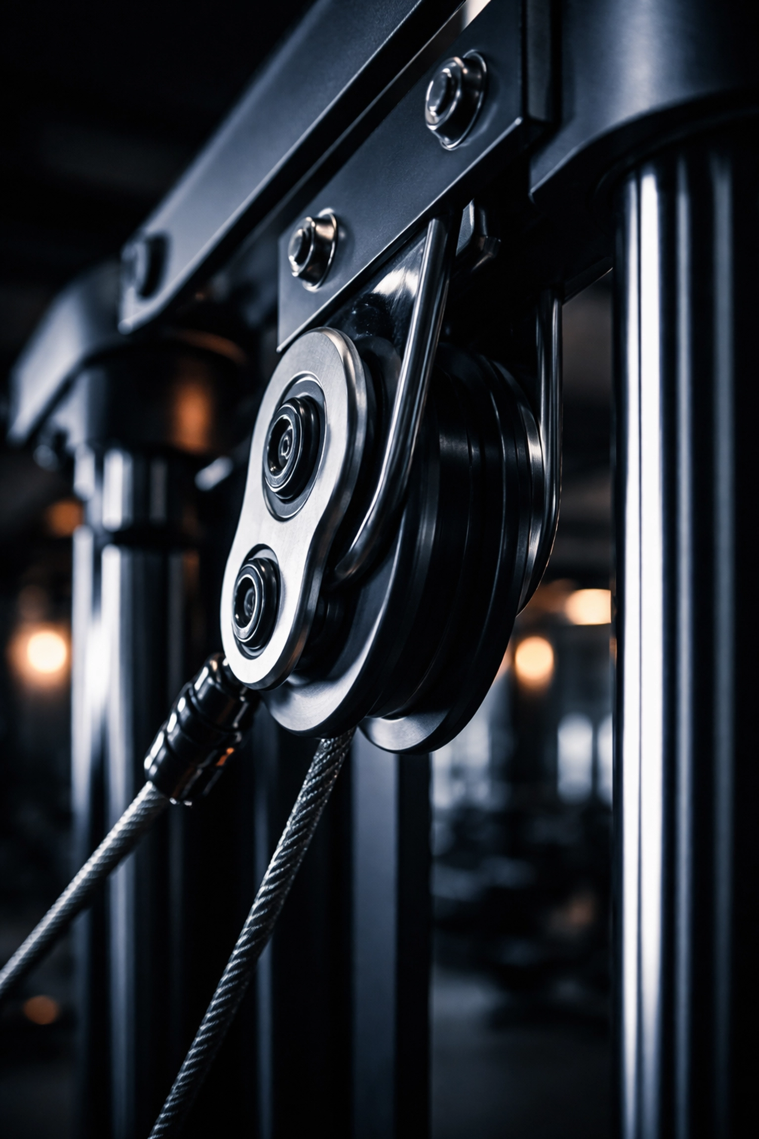 Close-up of a premium cable machine's aluminum pulley system, highlighting durable home gym equipment for endless resistance workouts.